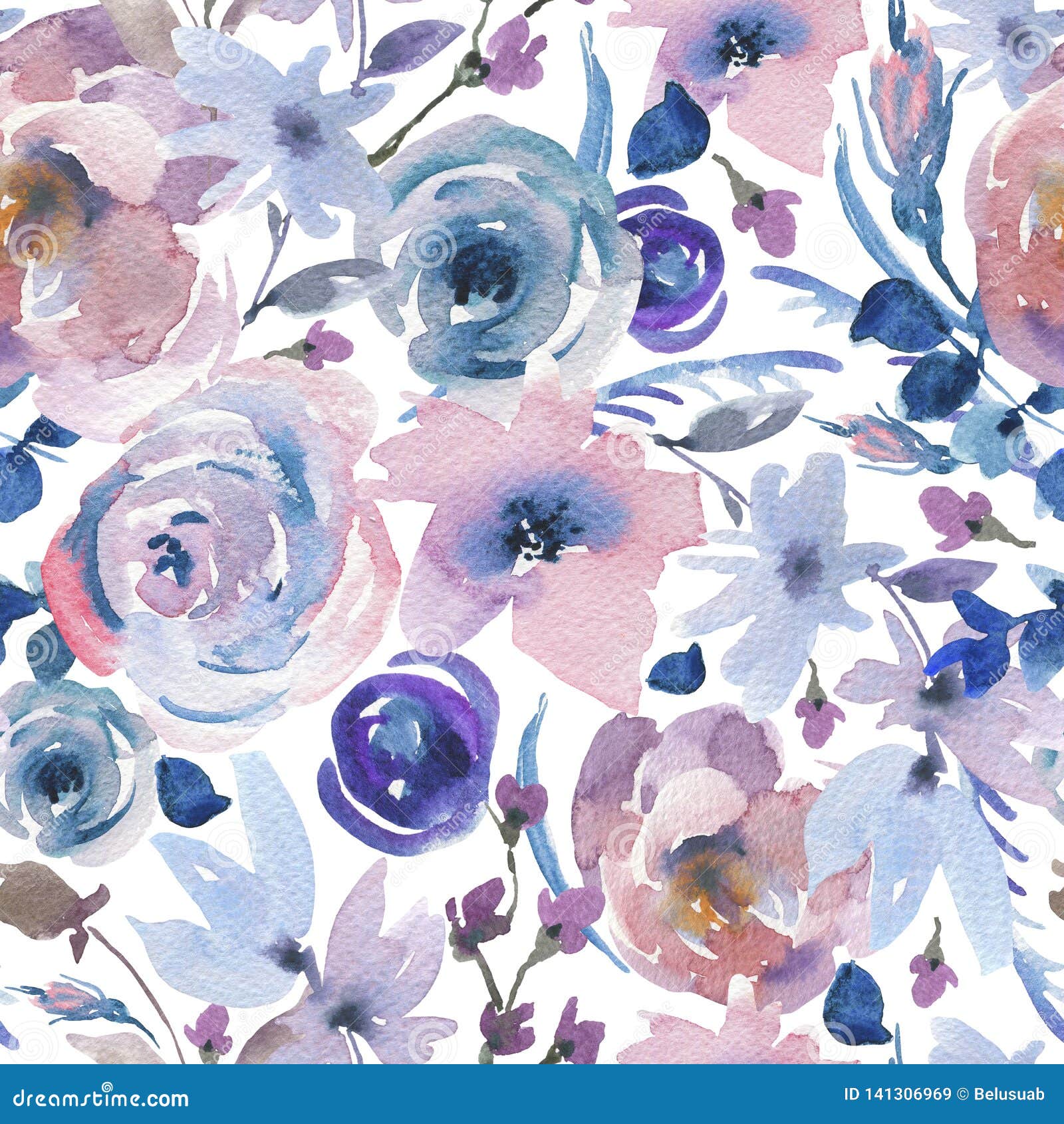 gentle watercolor floral seamless pattern in a la prima style, pink watercolor roses