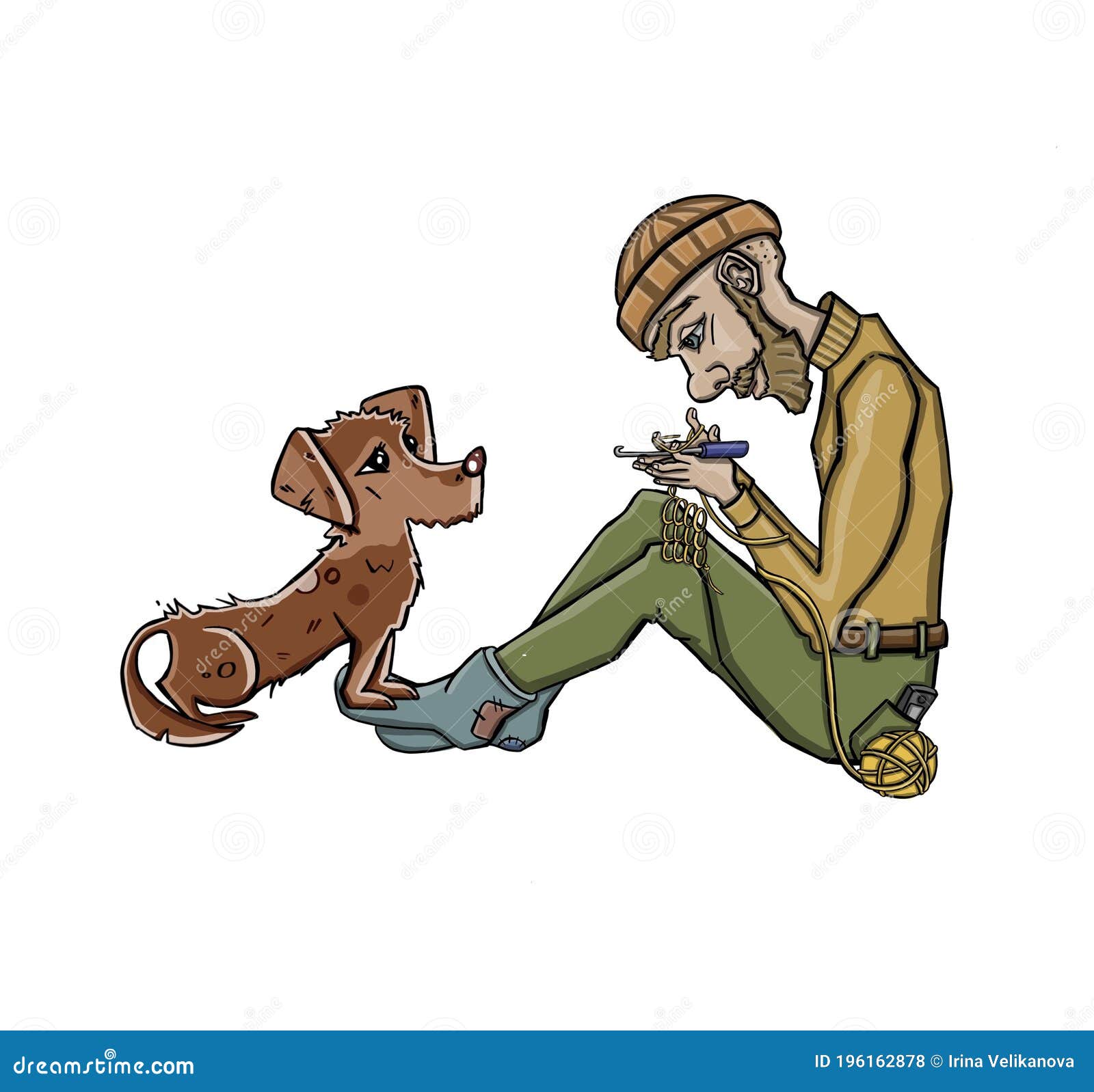 Gentleman Knitting on the Carpet with a Dog Stock Illustration - Illustration of hobby, home