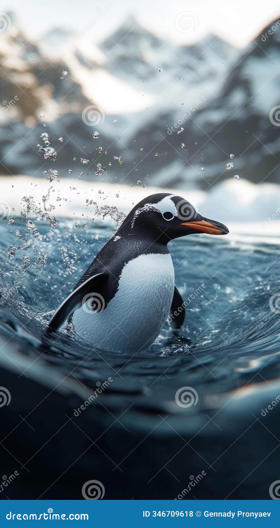gentoo penguin swimming in pristine arctic waters with snowy mountain backdrop