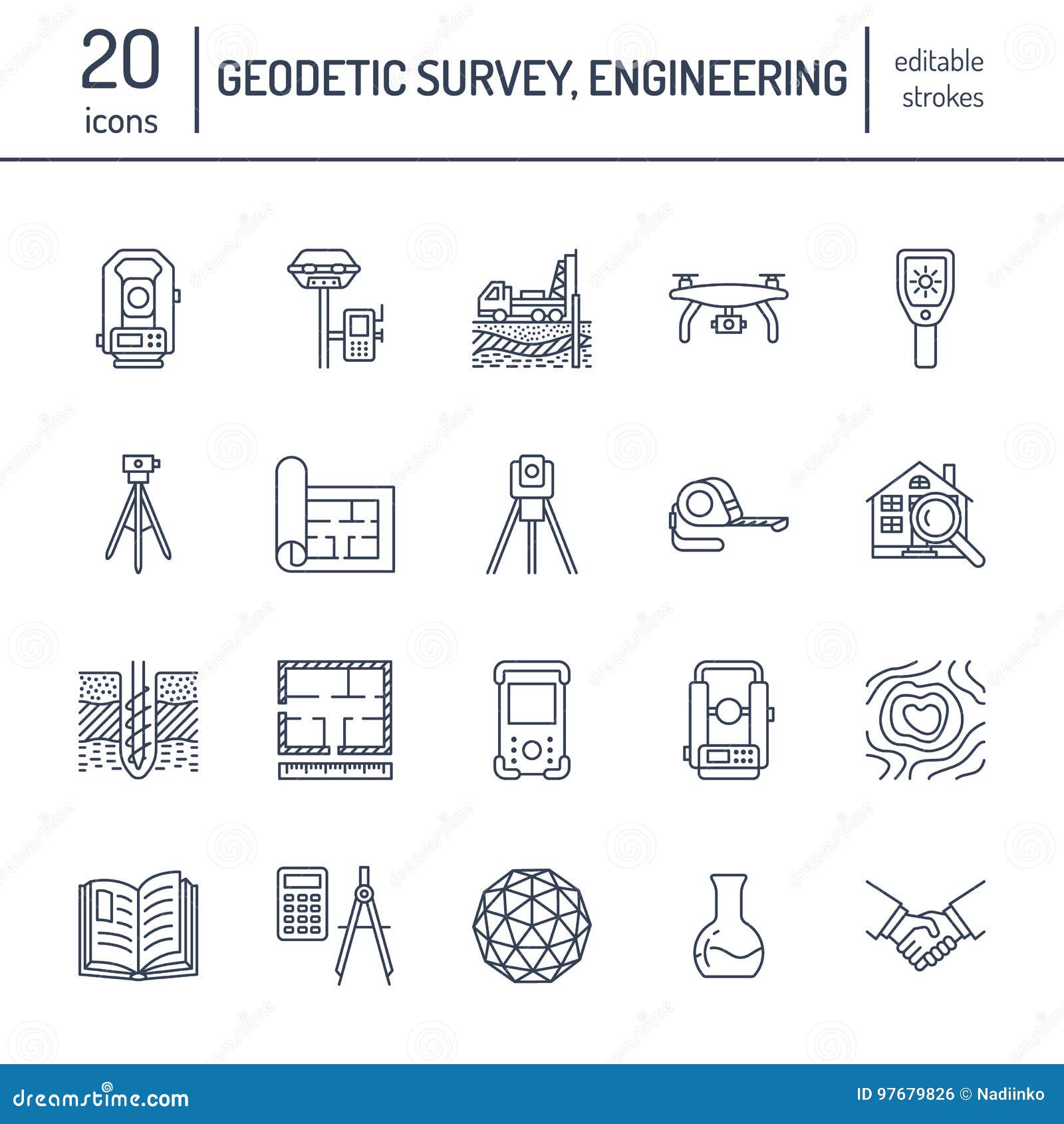 geodetic survey engineering  flat line icons. geodesy equipment, tacheometer, theodolite, tripod. geological