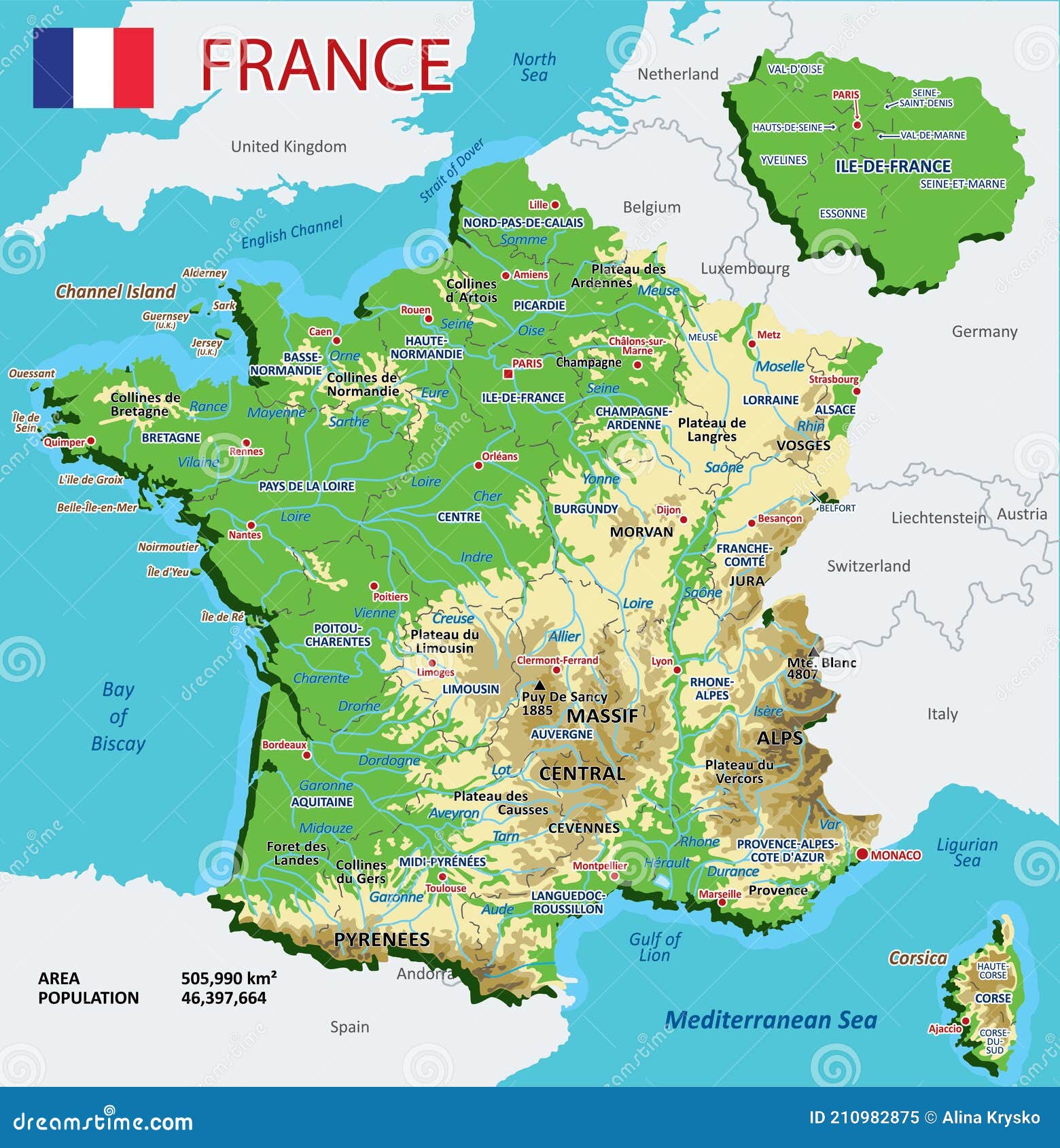 Geografo Di Francia Altamente Dettagliato Con Catene Montuose E Altipiani Pianeggianti E Fiumi