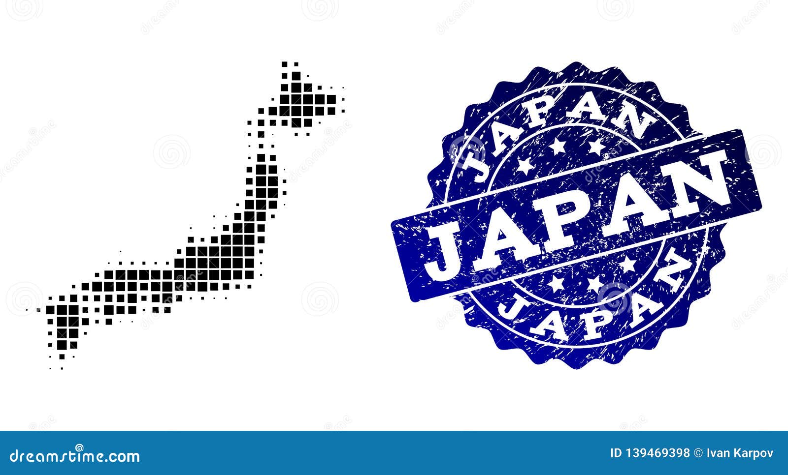 Composition of Halftone Dotted Map of Japan and Grunge Stamp Watermark ...