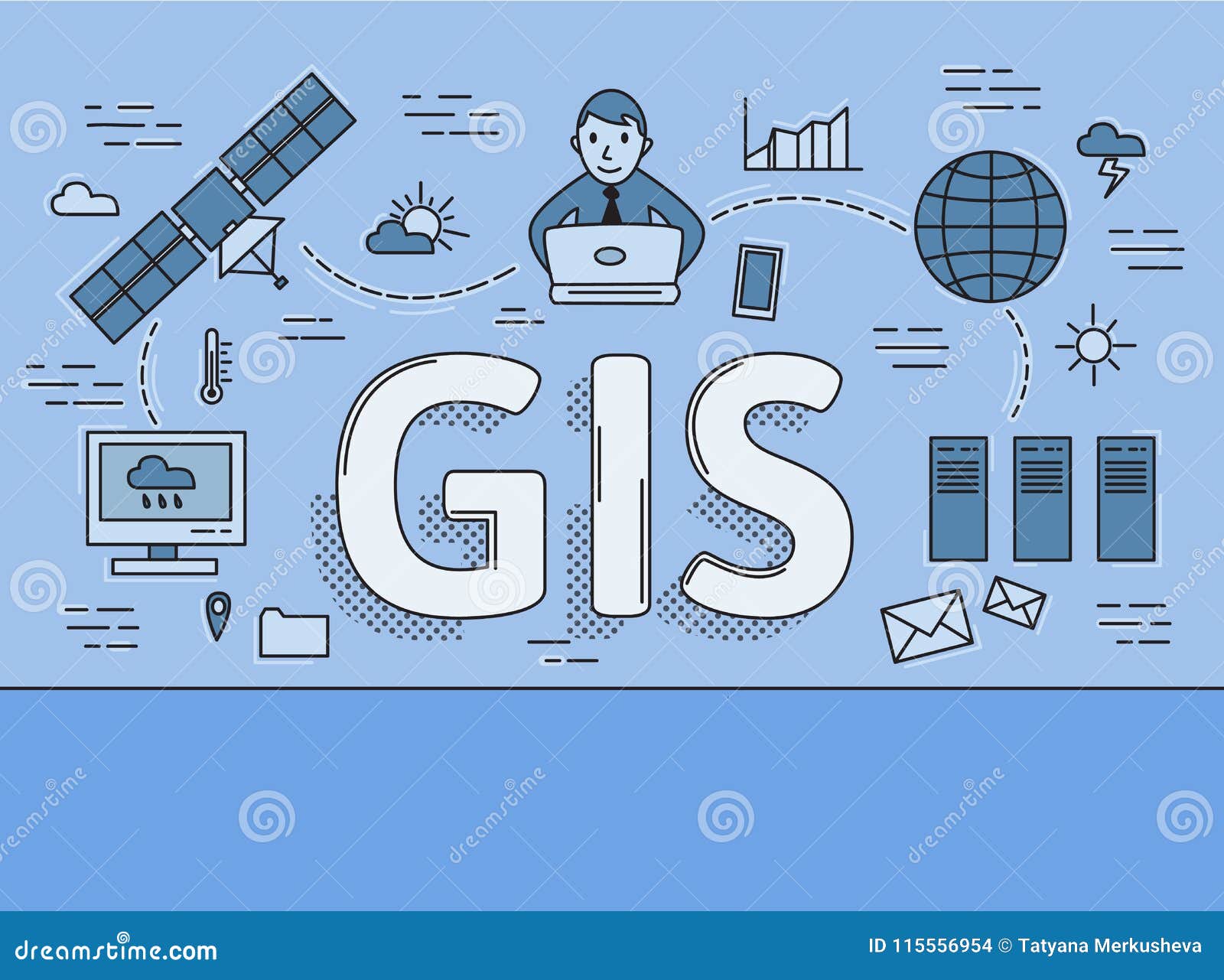geographic information system, gis flat line concept.   on blue background. horizontal.