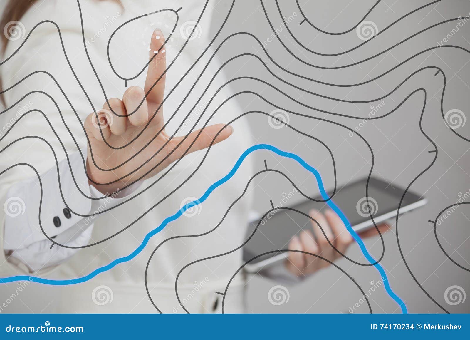 geographic information systems concept, woman scientist working with futuristic gis interface on a transparent screen.