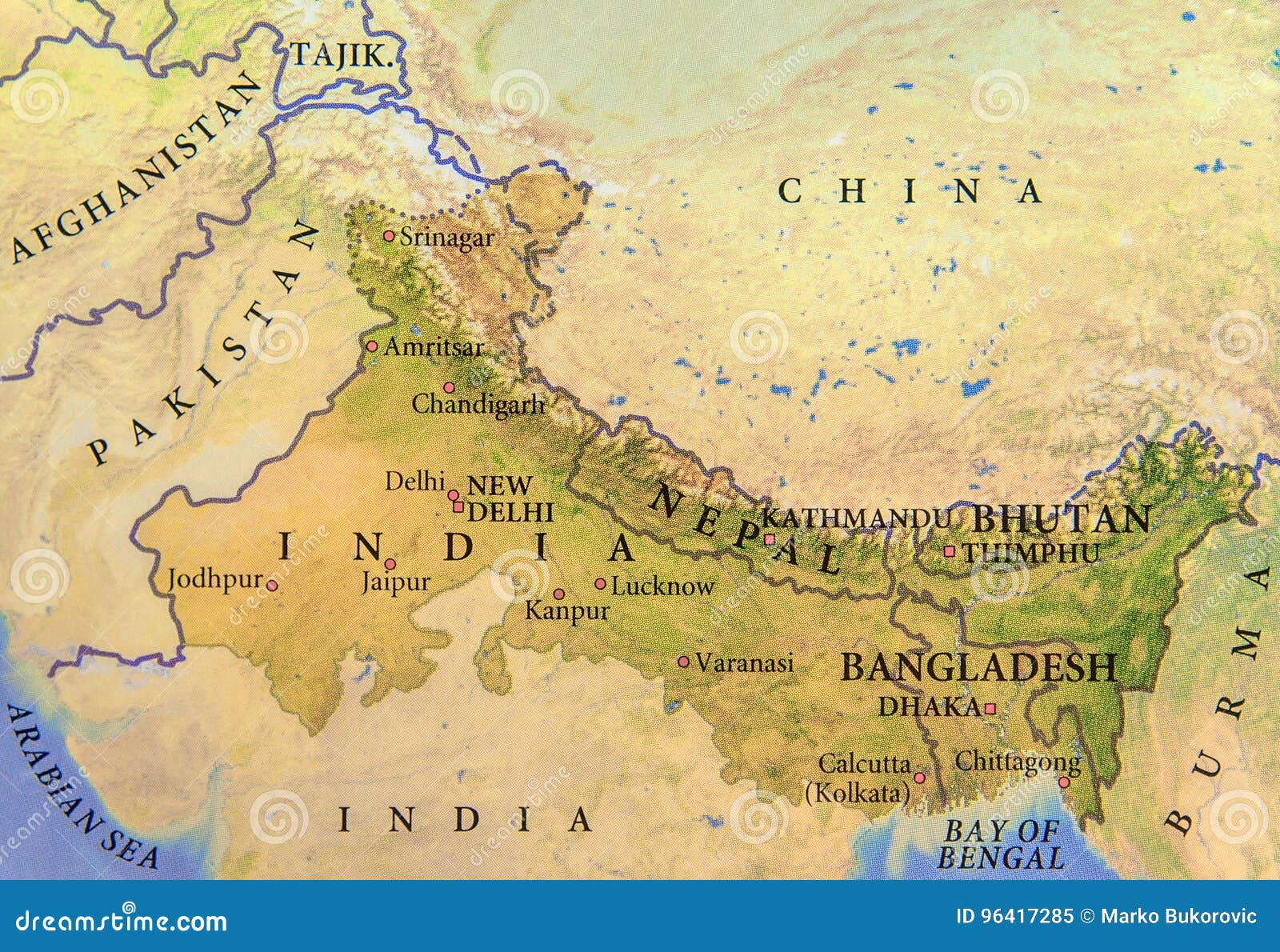 geographic map of india, nepal, bhutan and bangladesh with important cities