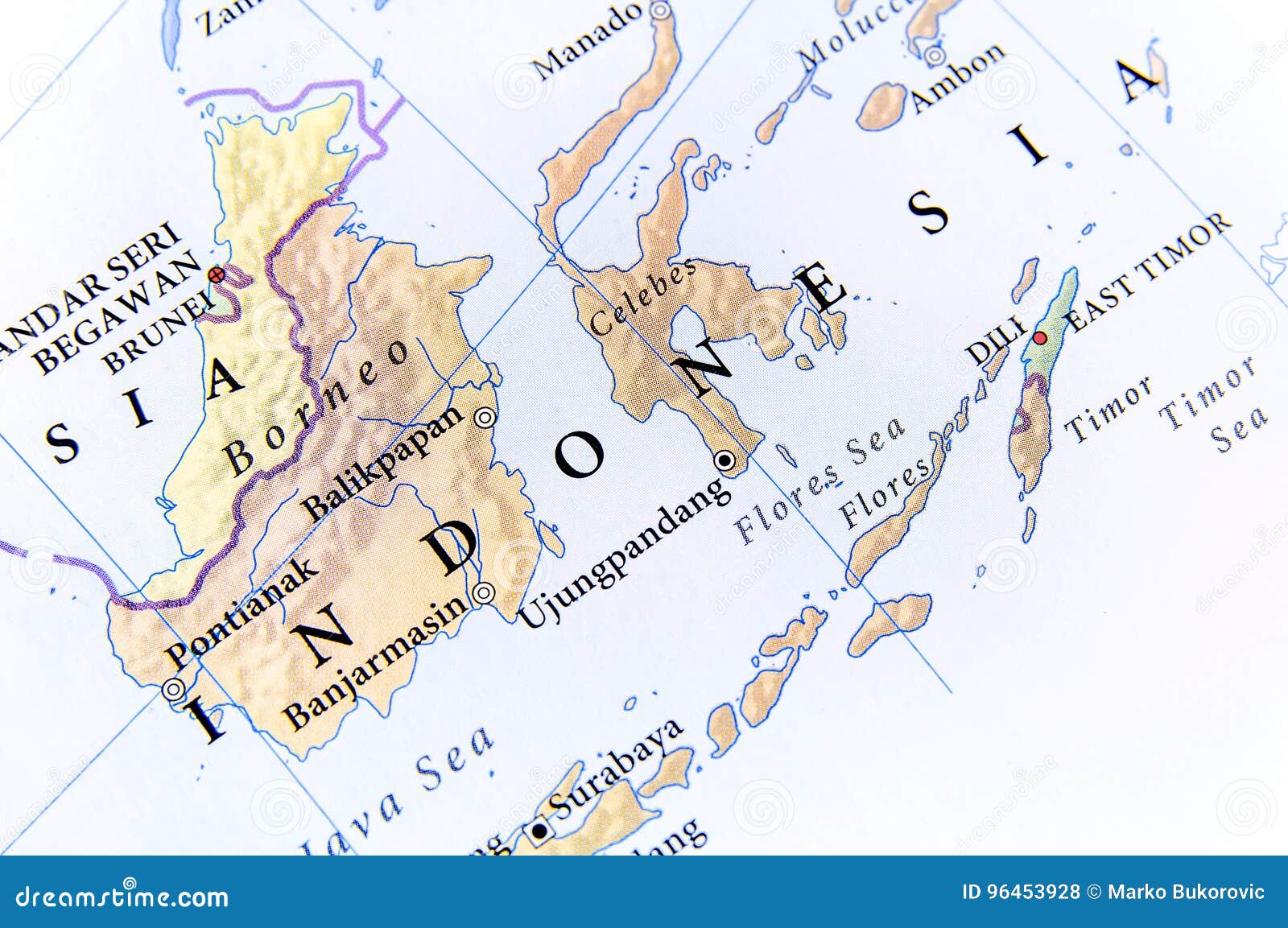 Geographic Map of Indonesia with Important Cities Stock Photo Image