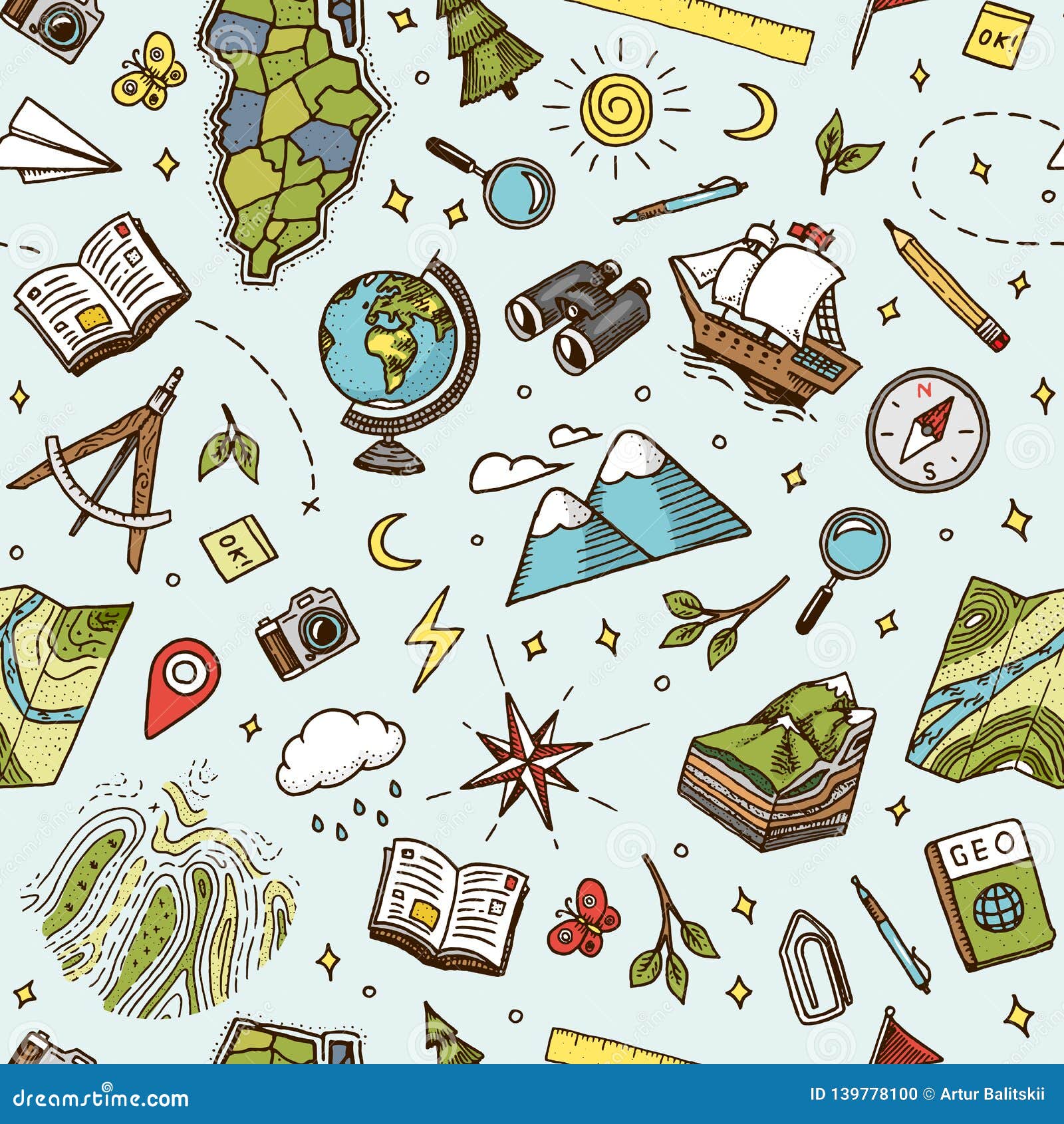 Geography Symbols Seamless Pattern. Equipments for Web Banners Background  Stock Vector - Illustration of icon, pencil: 139778100