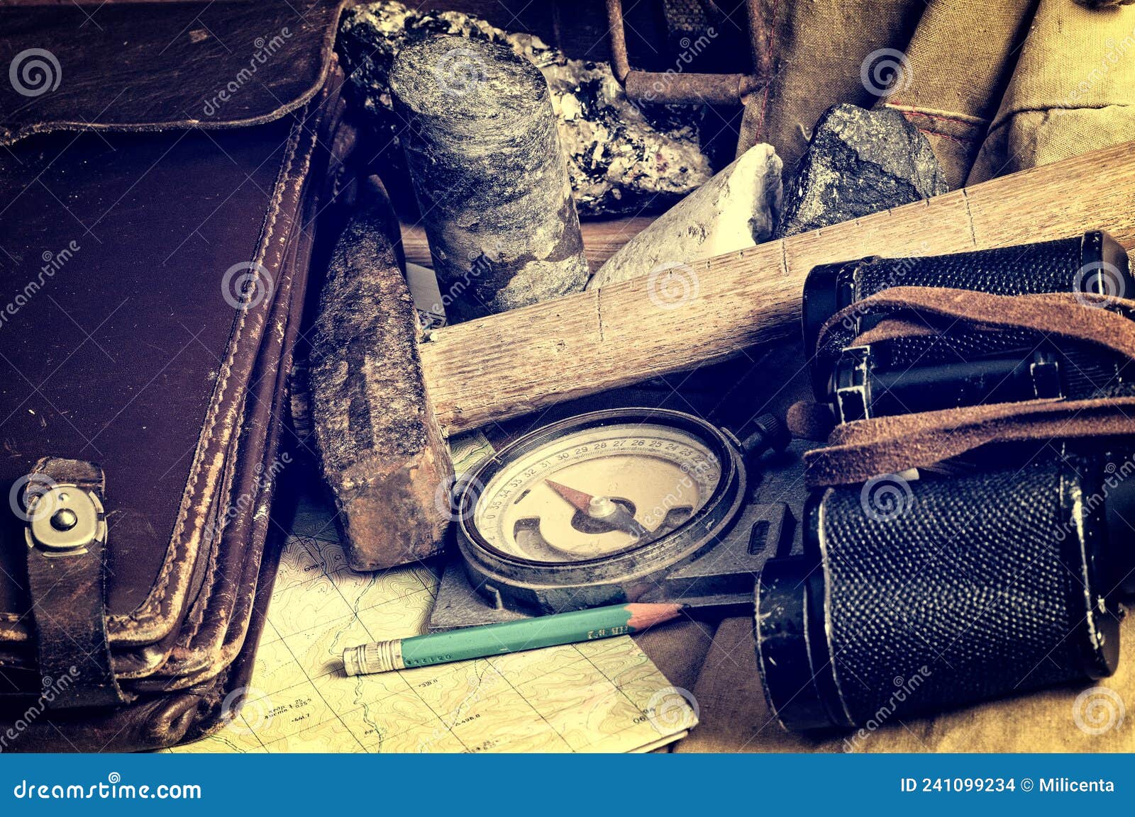 Geological Fieldwork Tools Field Vintage Geology Concept Stock Photo
