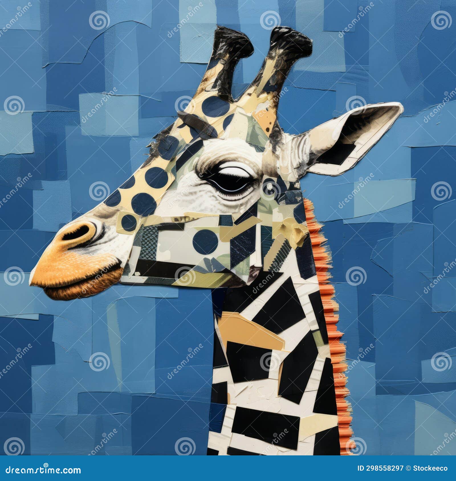 geometric collage sculpture: hyperrealistic giraffe portrait on blue background