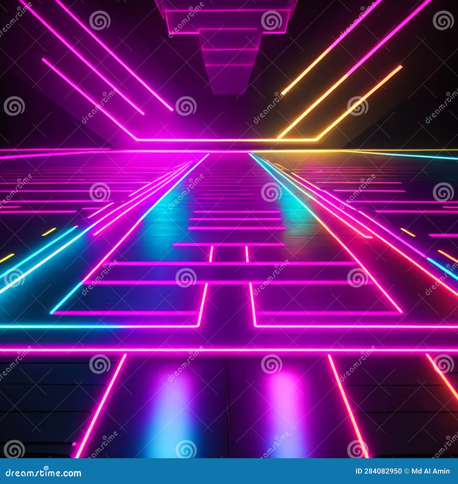 Geometric Figure in Neon Light Against a Dark. Stock Illustration