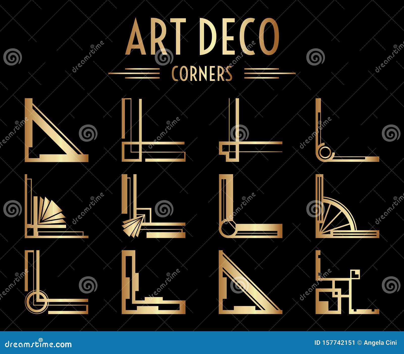 Art Deco Corner. Modern Graphic Corners For Vintage Gold Pattern Border