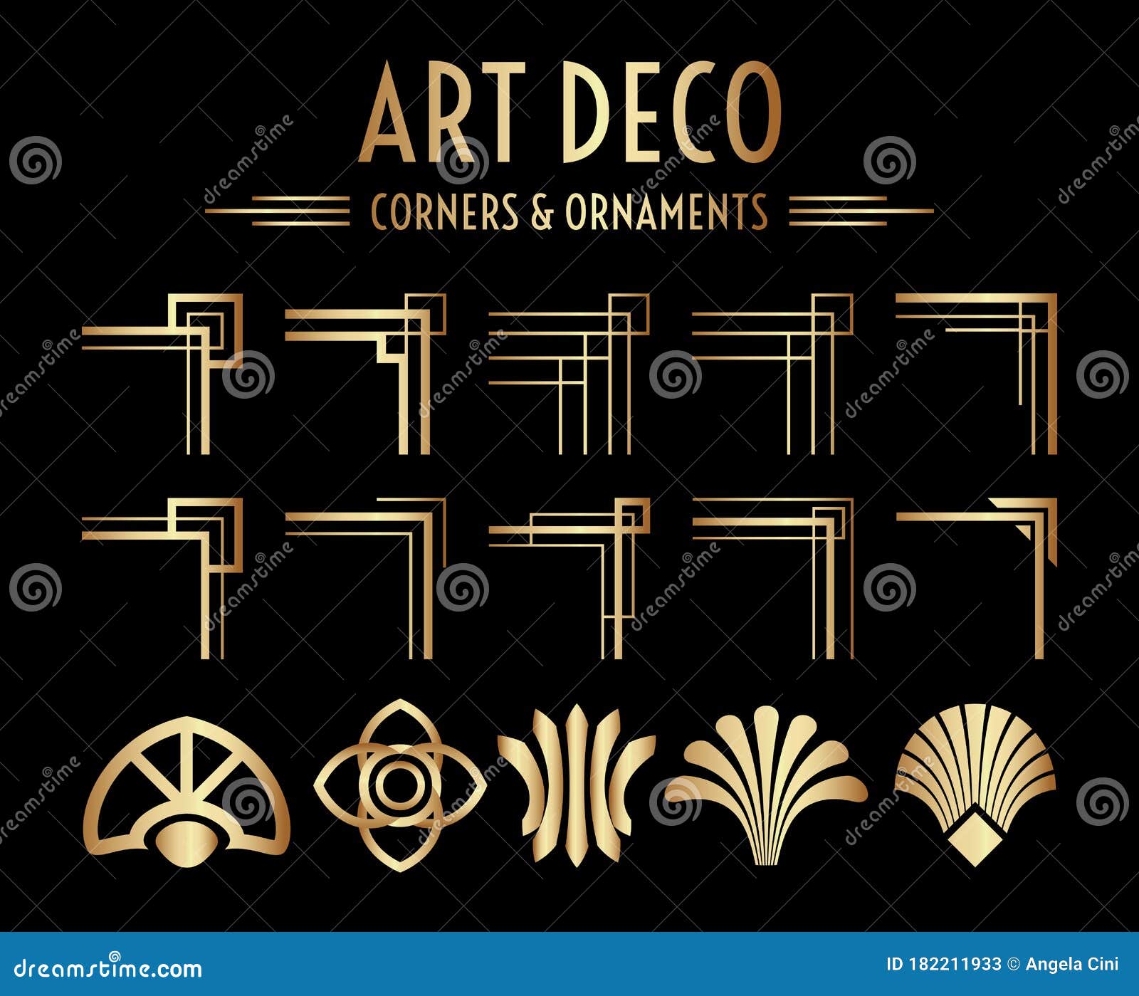 Geometric Gatsby Art Deco Corner and Ornament Set Stock Vector
