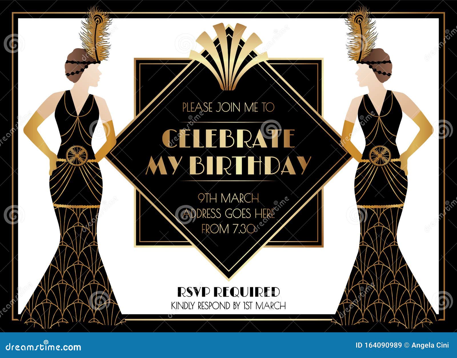 MS Word Format Black and Gold DOWNLOAD Instantly EDITABLE Text Flapper Girl Art Deco Birthday Party Invitation Ticket Style