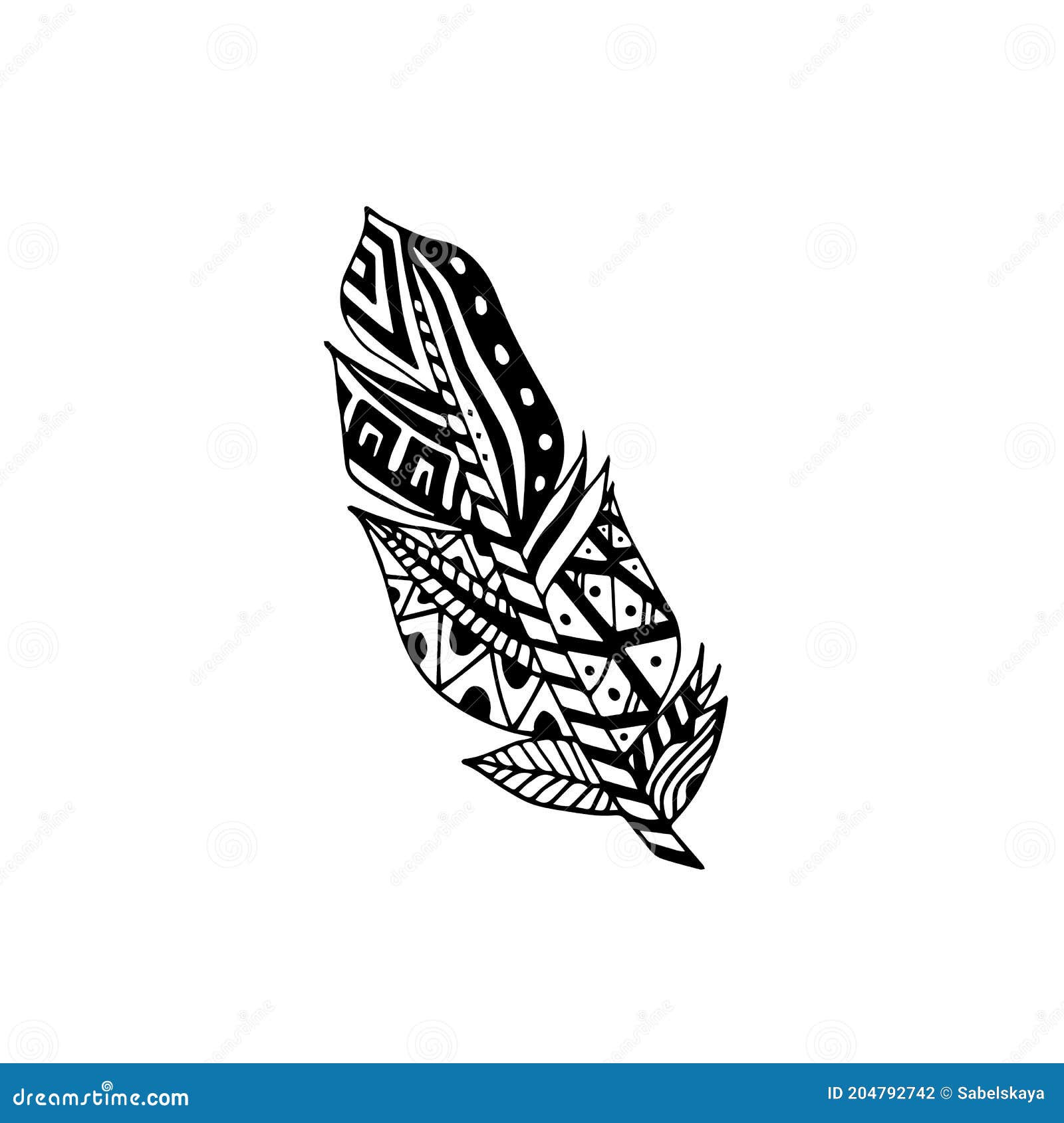 Geometric Indian Ornate Bird Feather Monochrome Vector Illustration ...