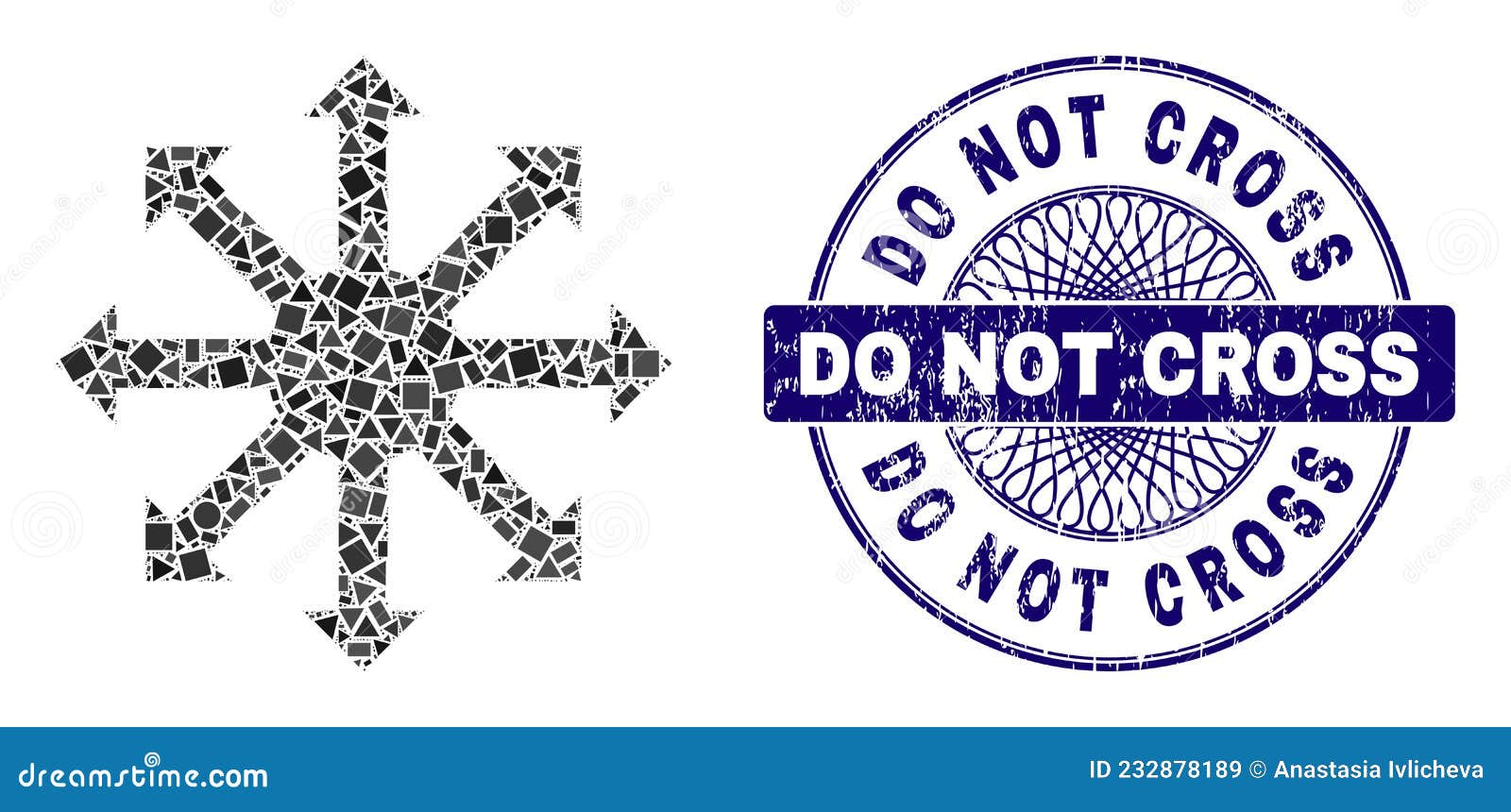grunge do not cross badge and geometric radial arrows mosaic