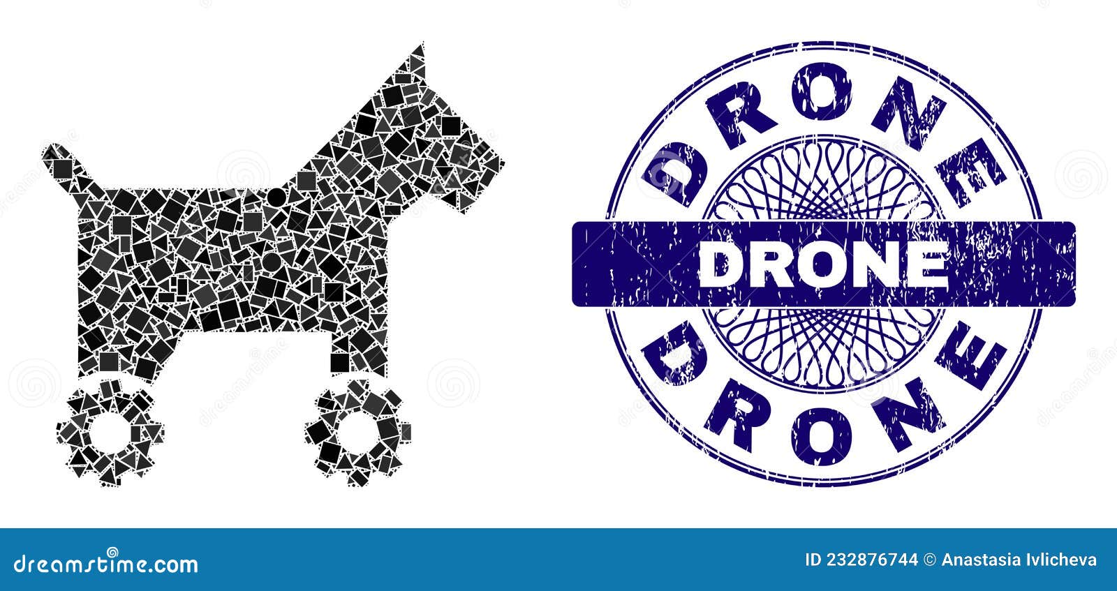 rubber drone badge and geometric robotic dog mosaic