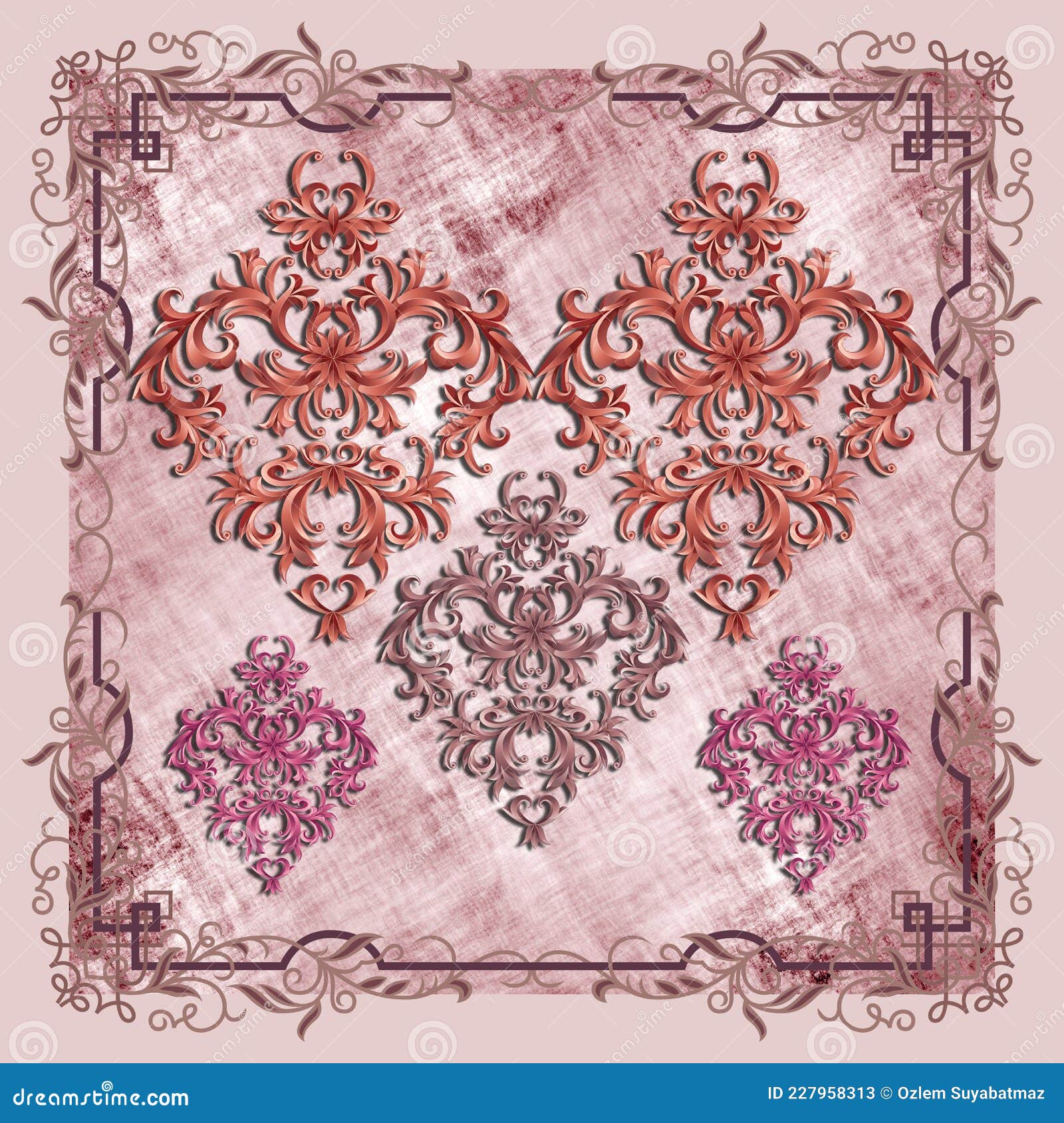 geometric silk scarf  with overlapping rectangles with baroque ornaments