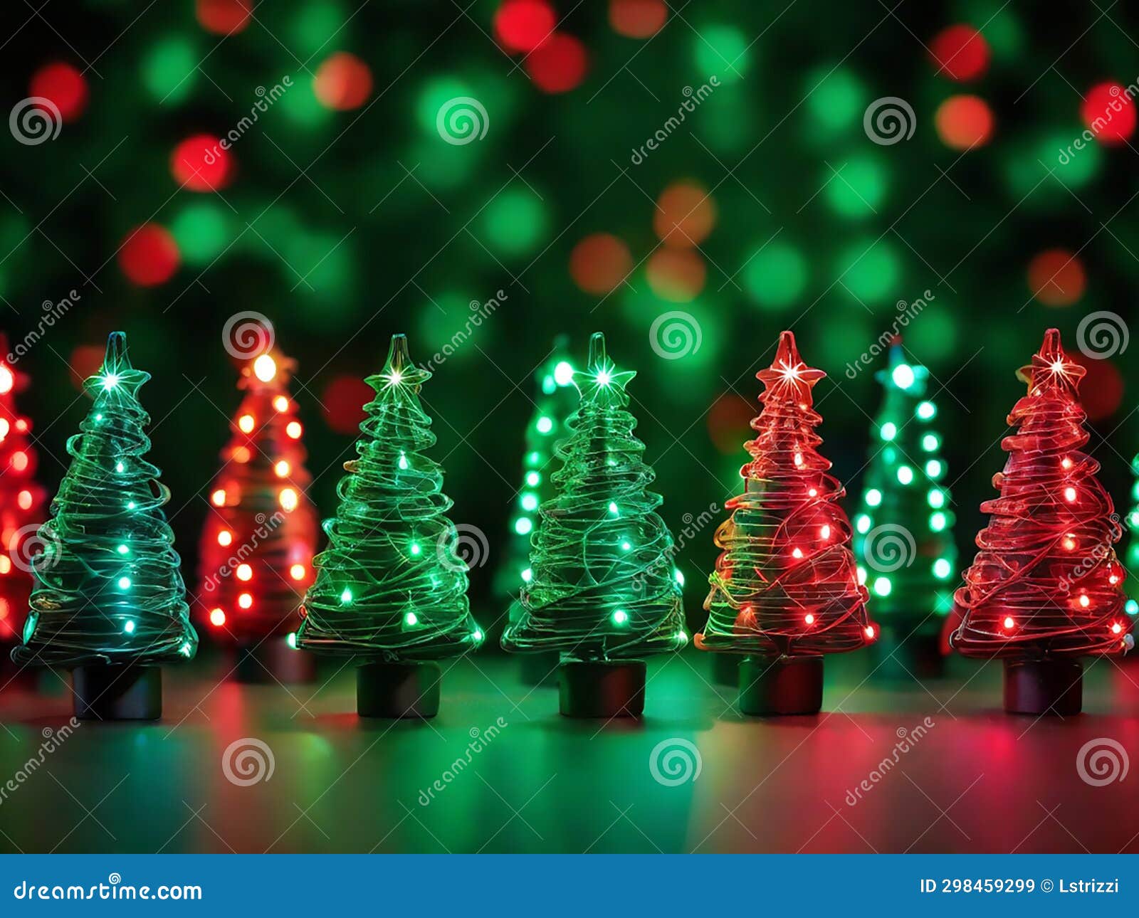 Geometric Small Threadlike Christmas Trees, in a Row, with Colored