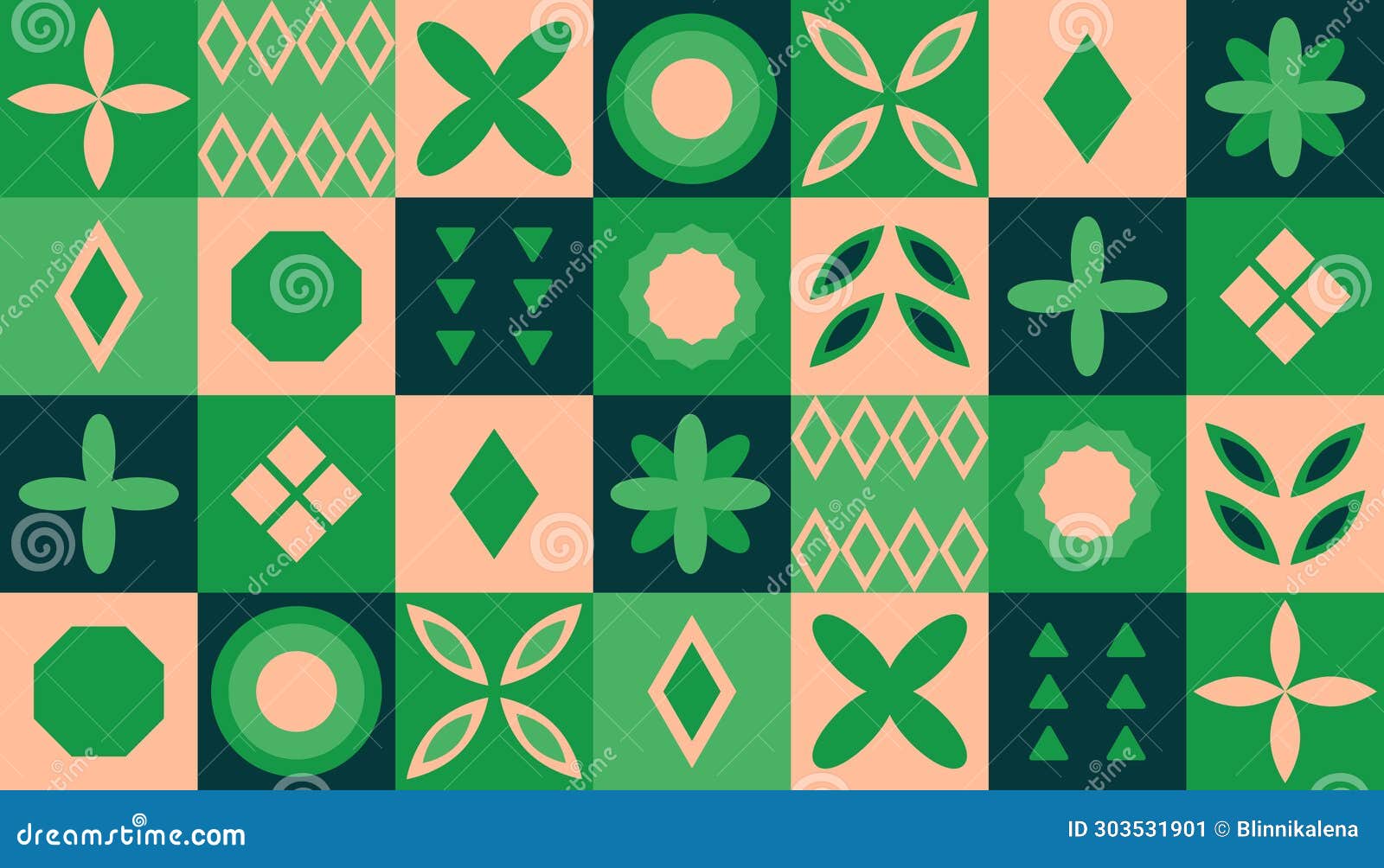 geometric square pattern green, peach fuzz. bauhaus. modern abstract background. ecological bio print. symmetrical 