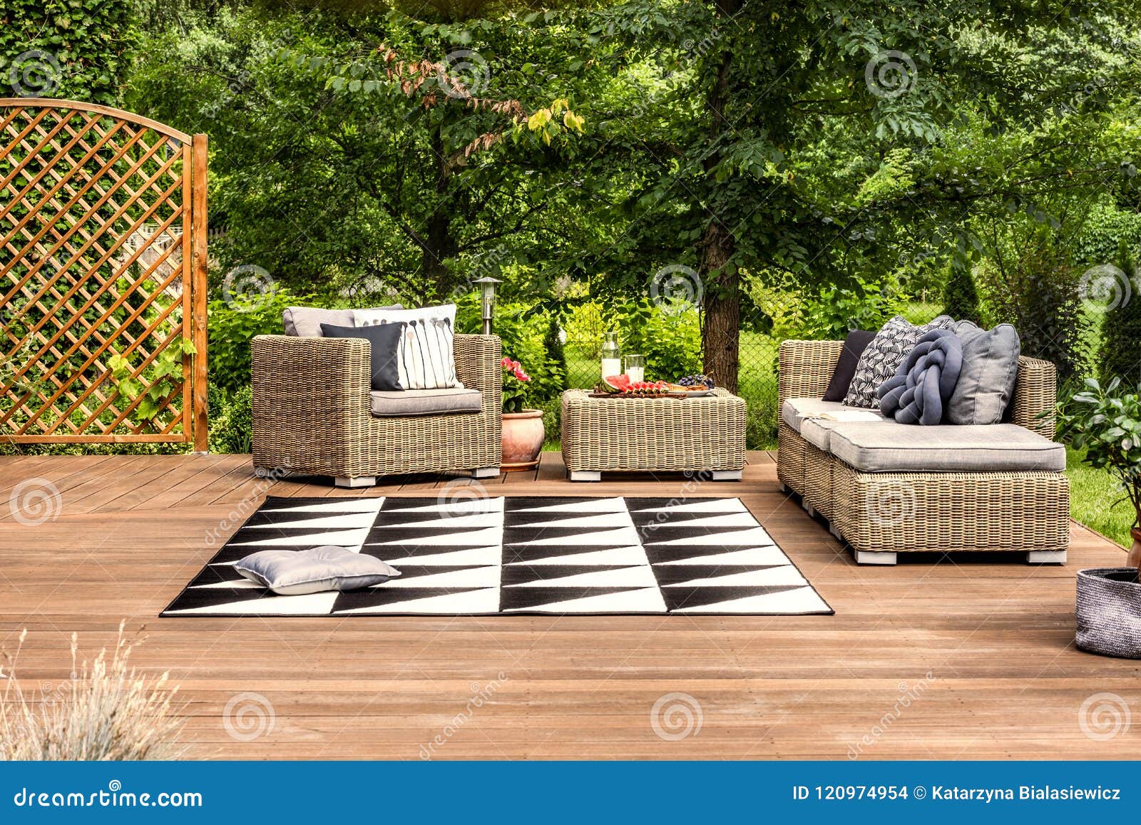geometrical rug and rattan furniture set on a terrace in a garden full of trees