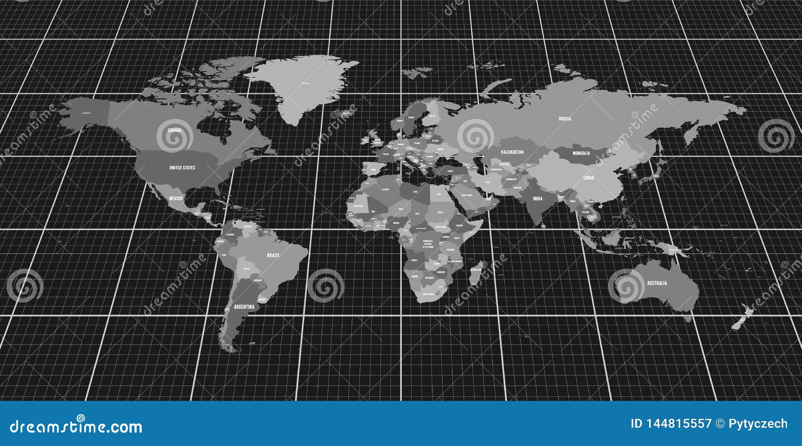 Geopolitical Map of World. Bottom Perspective View with Background Grid 