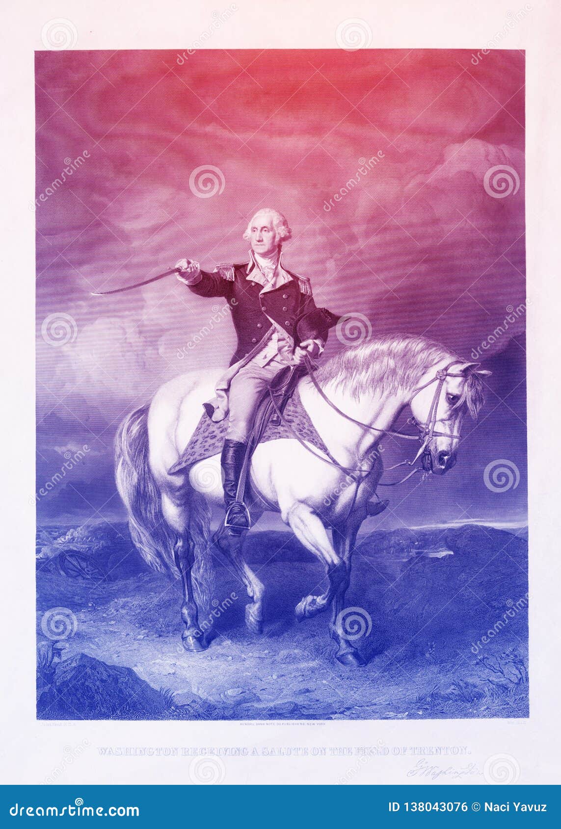 george washington engraved  on horseback, in line art