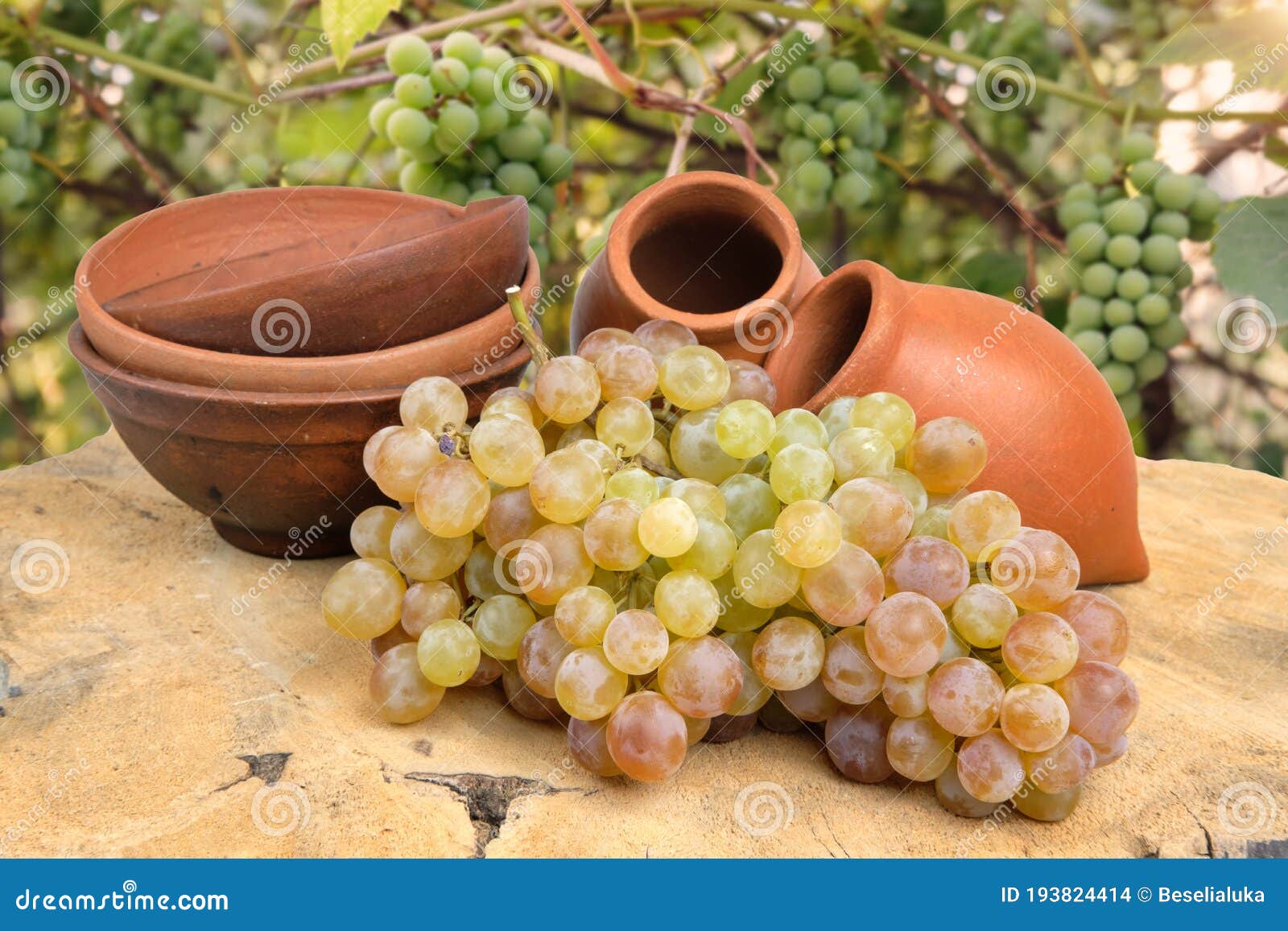 georgian traditional decorative jugs for wine qvevri or kvevri with grape on the wooden log slice