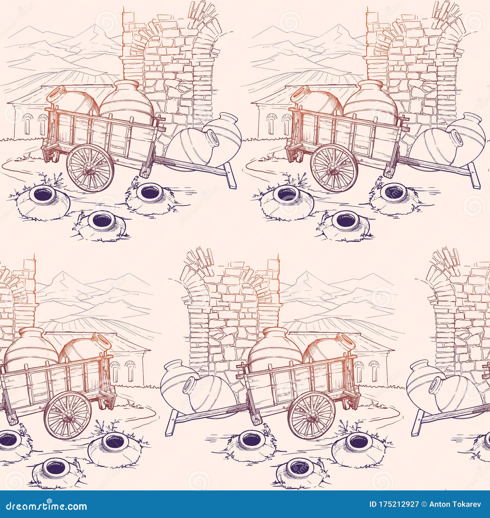 georgian traditional vineyard with kvevri. countriside panorama on a background. black and white sketch style seamless