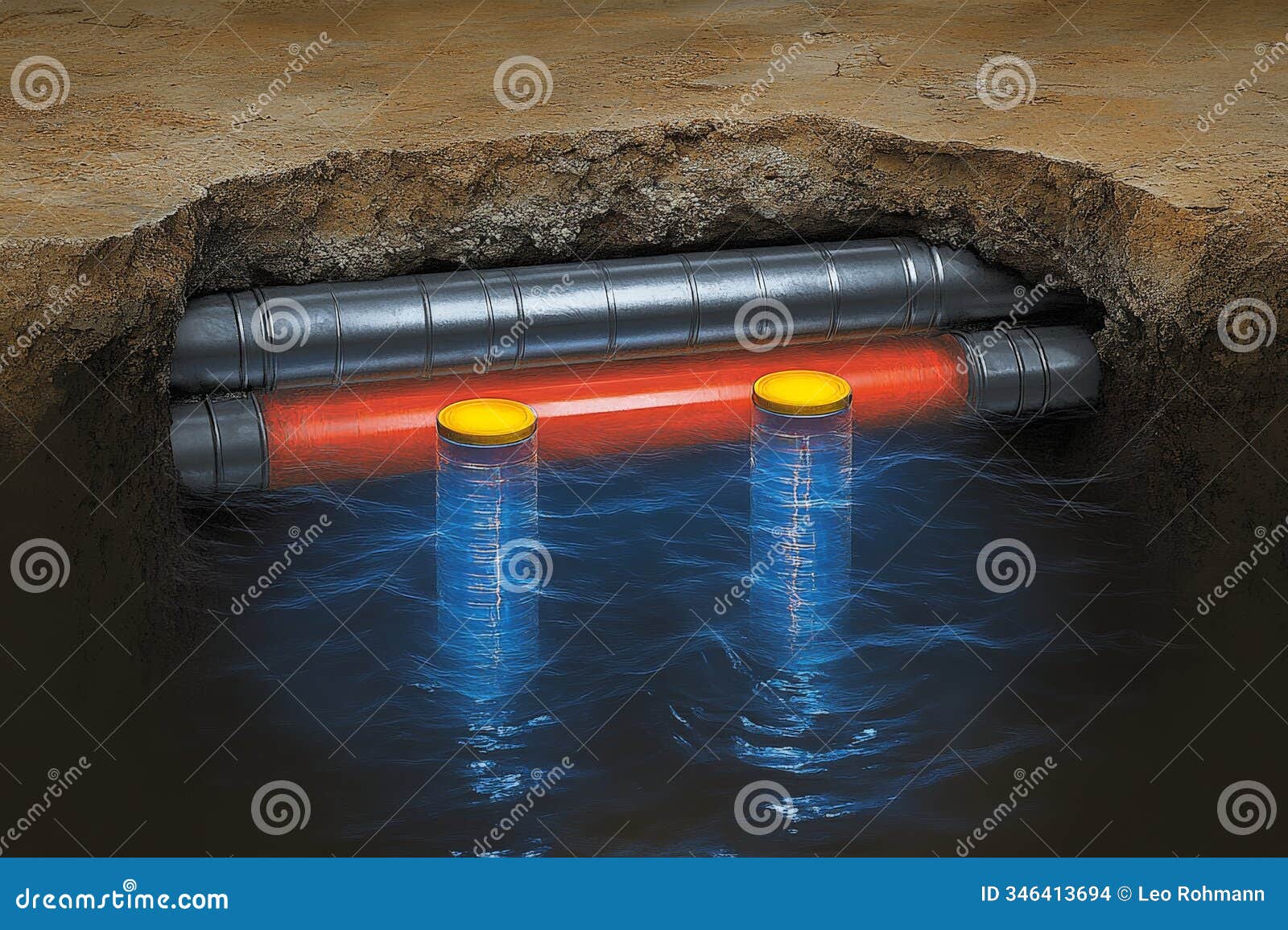 geothermal heating system beneath urban streets cutaway diagram with underground pipes heat exchange technology and energy effi