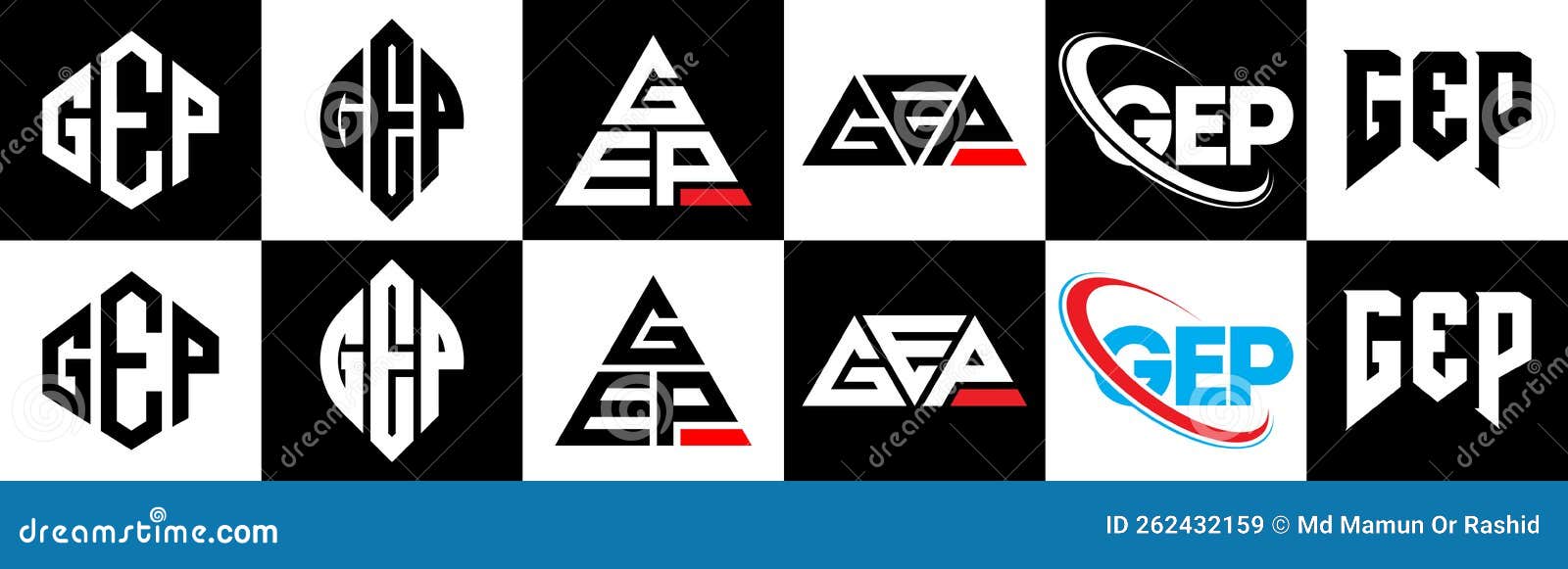 gep letter logo  in six style. gep polygon, circle, triangle, hexagon, flat and simple style with black and white color
