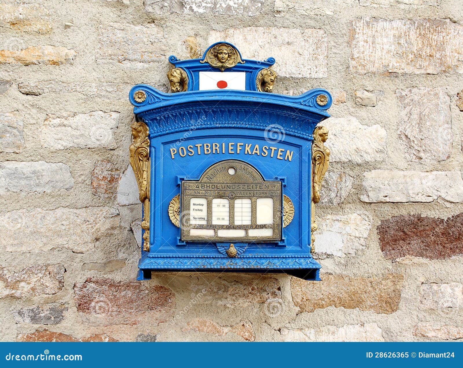 German Blue Mailbox on the Brick Wall Stock Image Image of