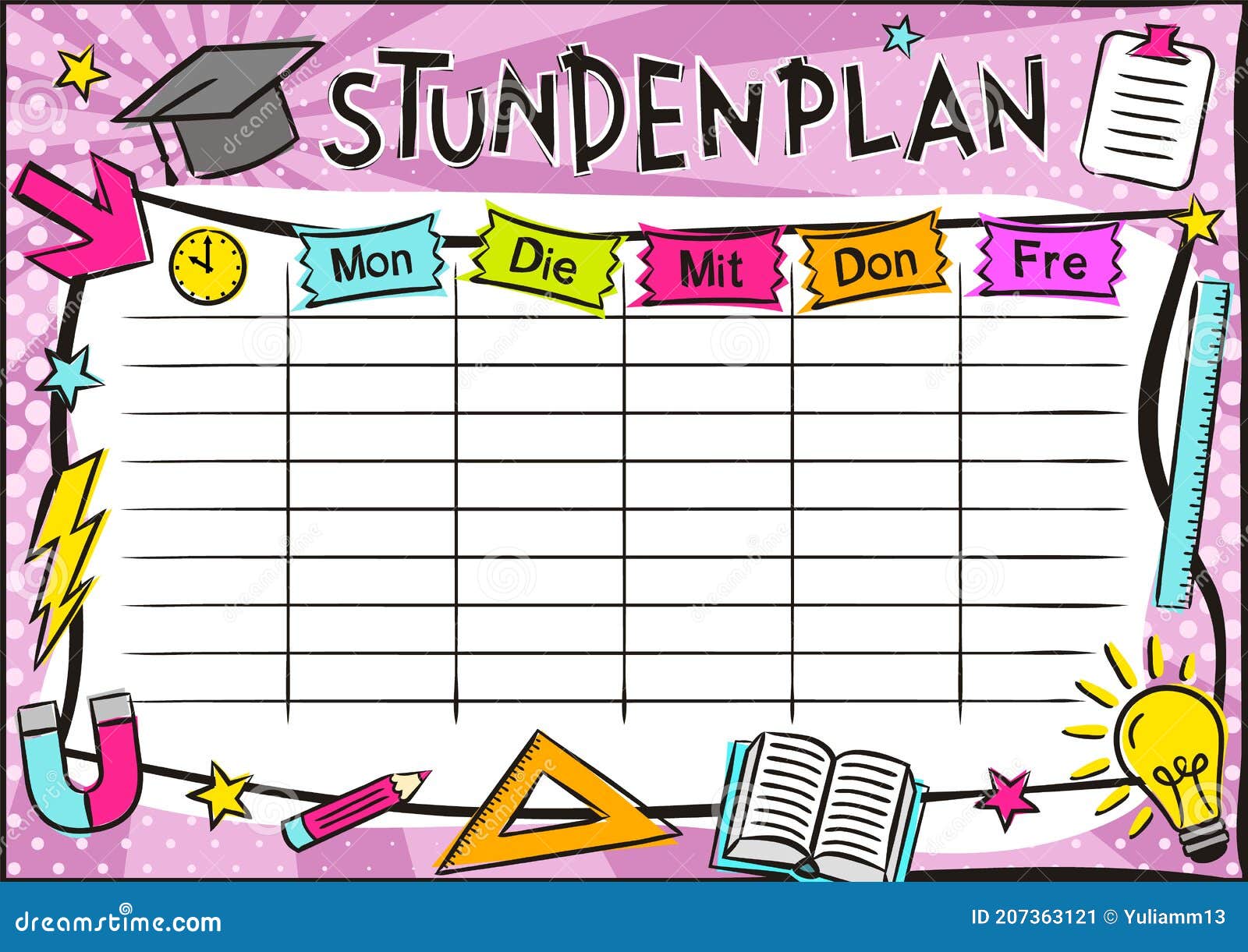 German Bright Template of a School Schedule for 5 Days Stock Vector
