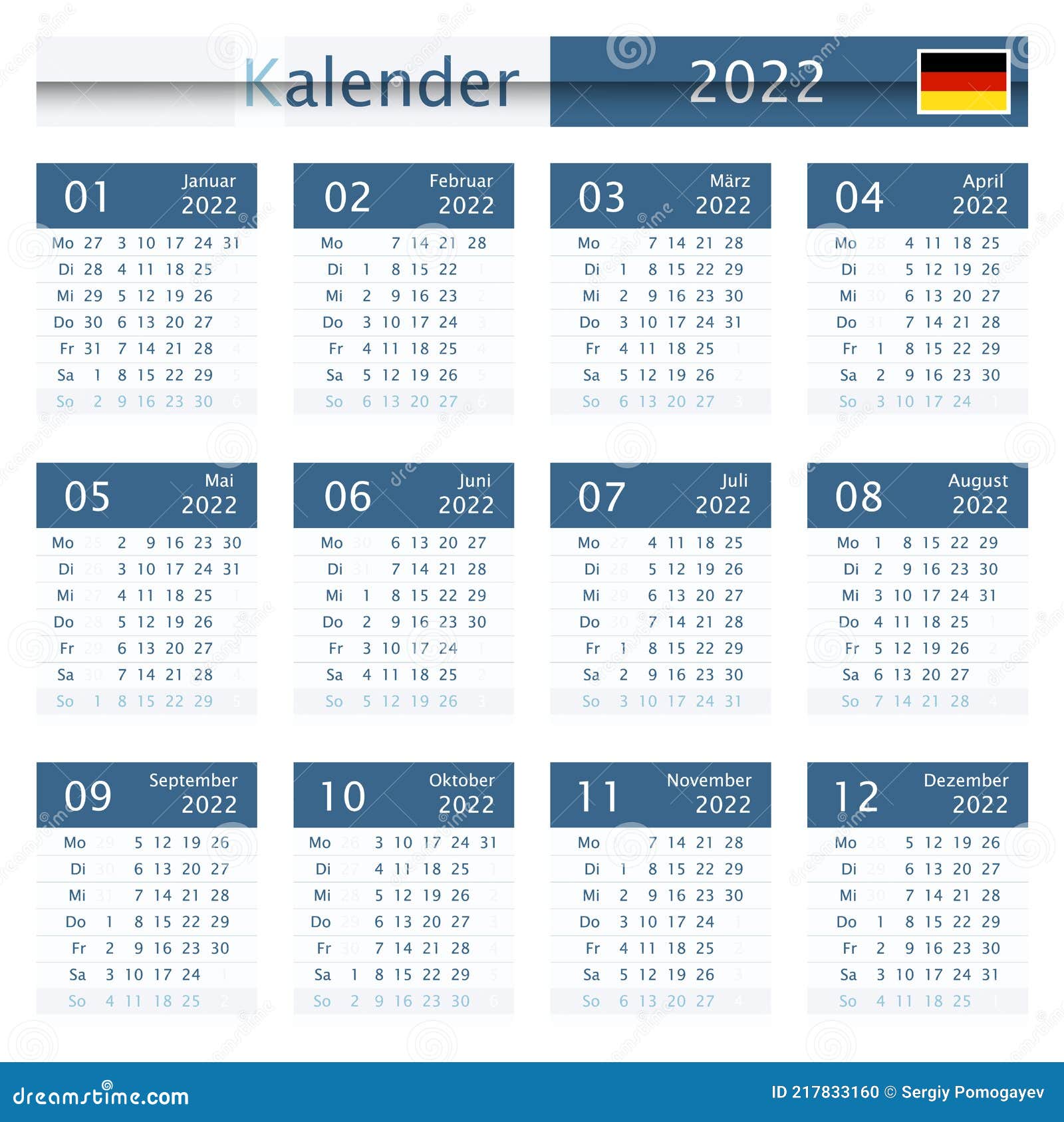 German Calendar 2022 German Calendar For 2022. Dark Blue Color Design. Isolated On White Stock  Vector - Illustration Of Event, Color: 217833160