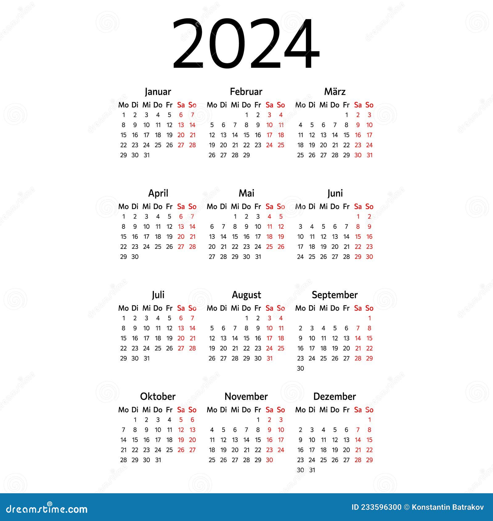 German Calendar for 2024. Week Starts on Monday Stock Vector