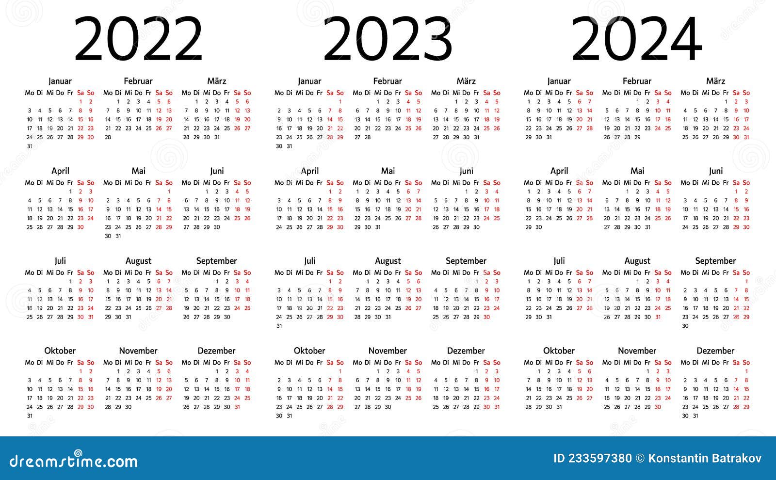 German Calendars Set for 2022, 2023, 2024. Stock Vector Illustration