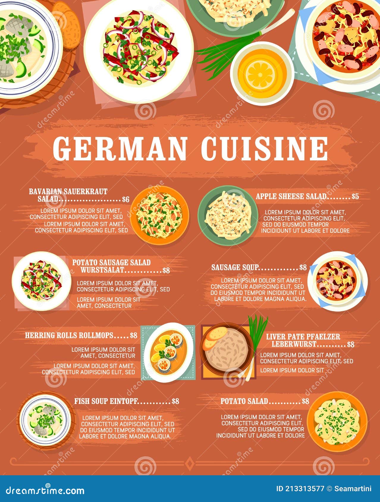 Sticky cream Deny German Cuisine Menu Germany Restaurant Food Dishes Stock Vector -  Illustration of cheese, sausage: 213313577