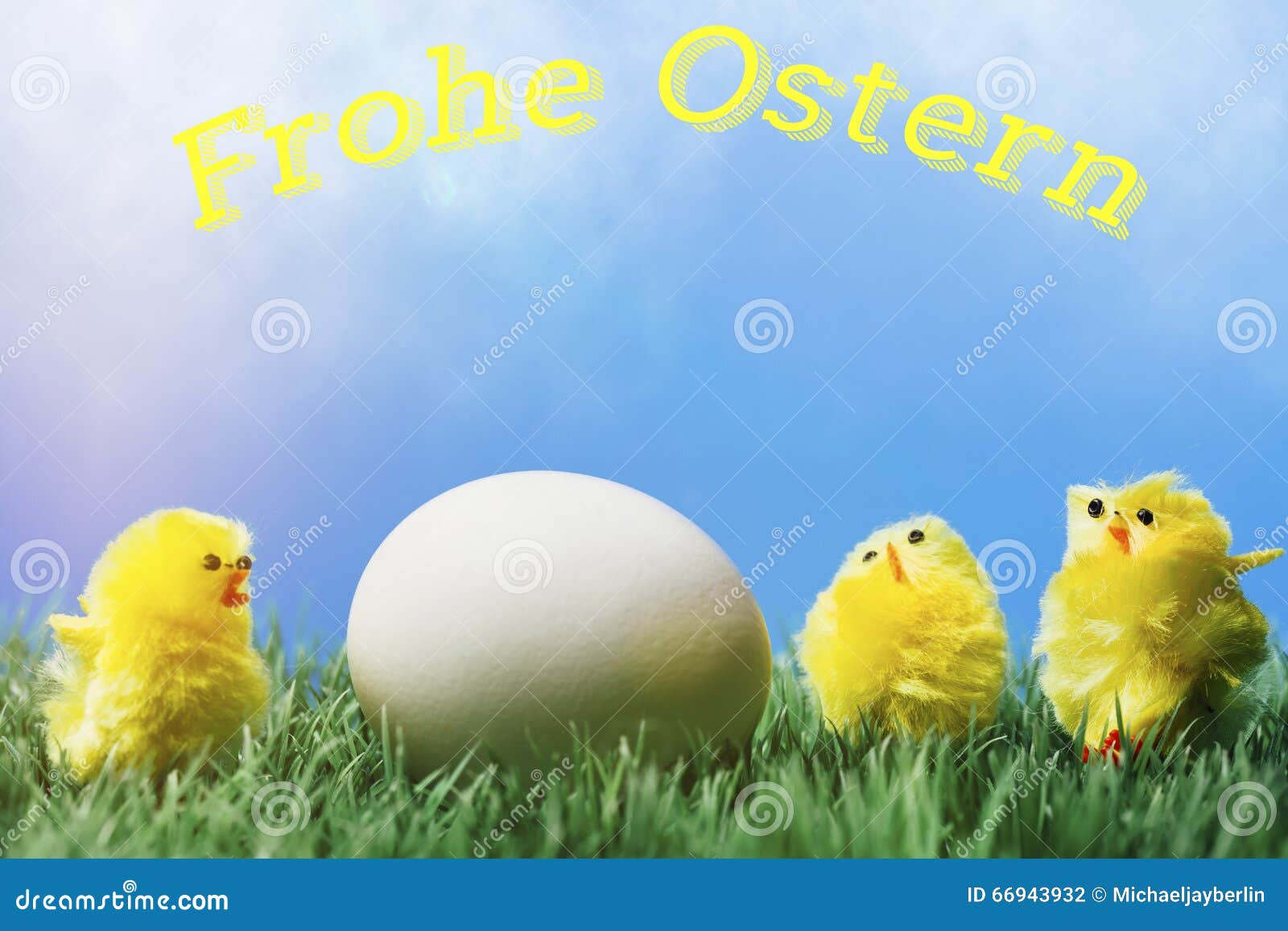 German Easter Greeting Text; Group of Chicks Surrounding Egg Stock