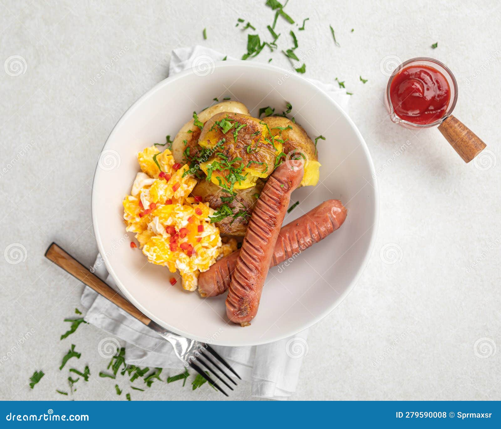 German Egg Breakfast with Sausages and Potato Stock Photo Image of