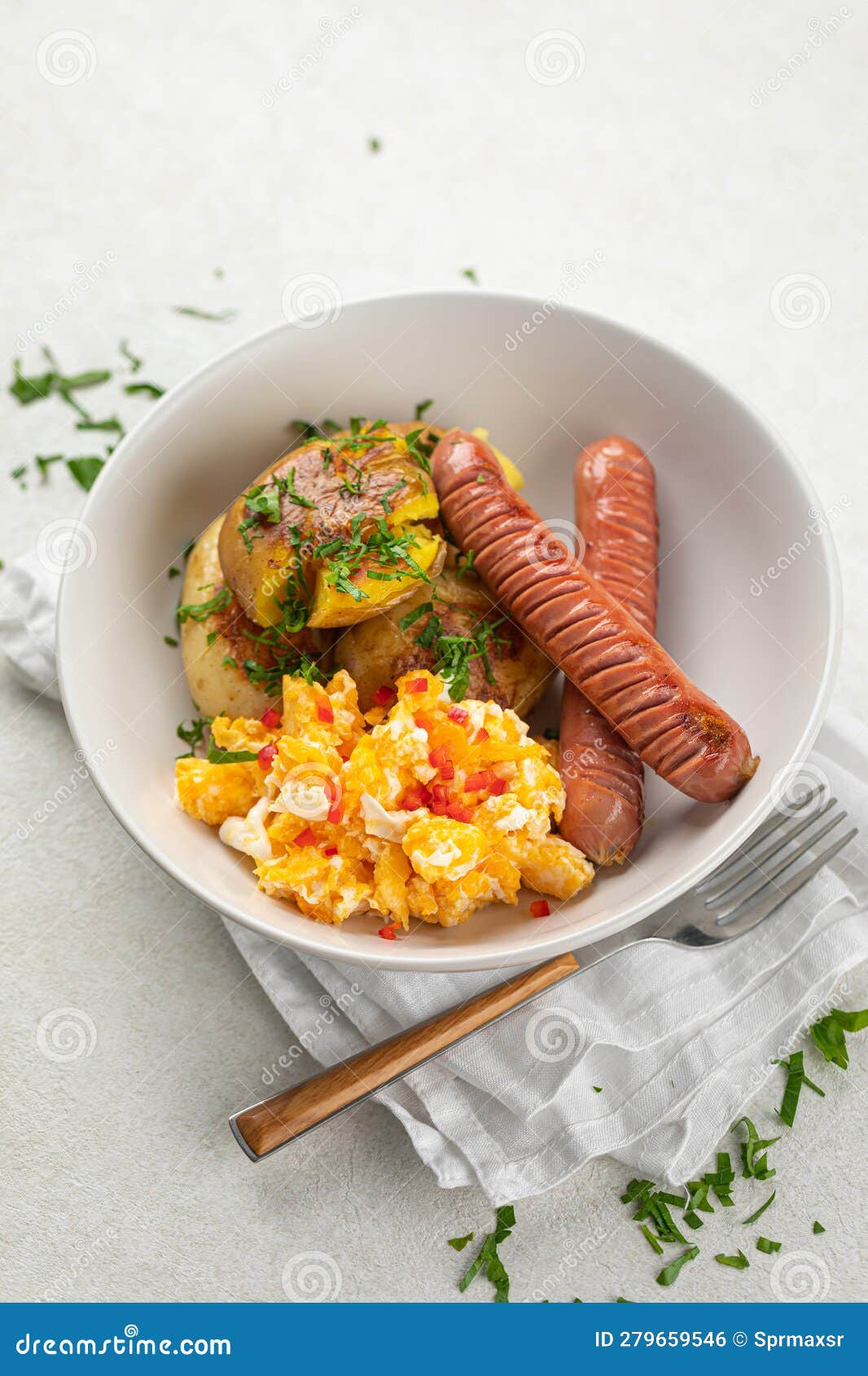 German Egg Breakfast with Sausages and Potato Stock Photo Image of