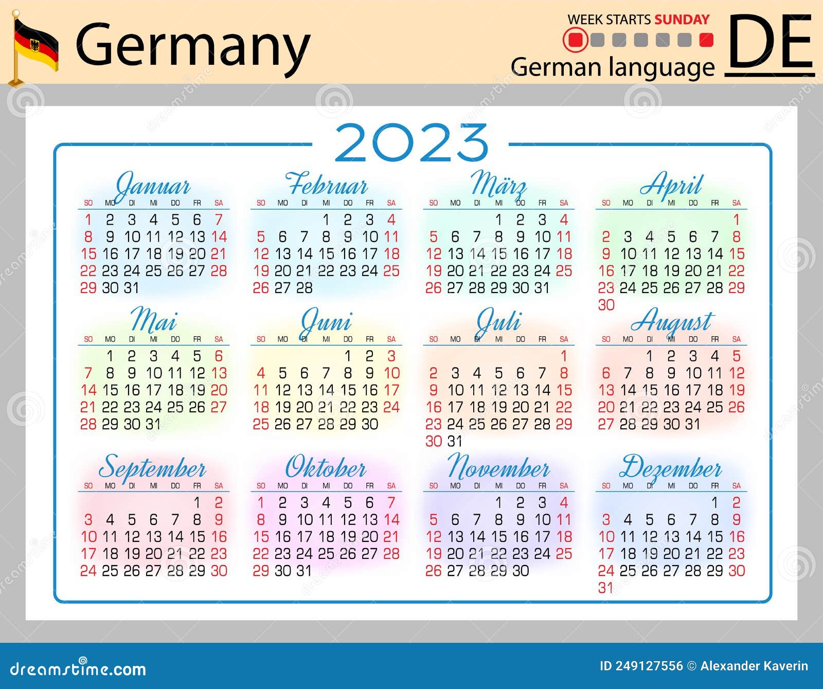 German Horizontal Pocket Calendar For 2023. Week Starts Sunday Stock Vector  - Illustration Of Organizer, Clean: 249127556