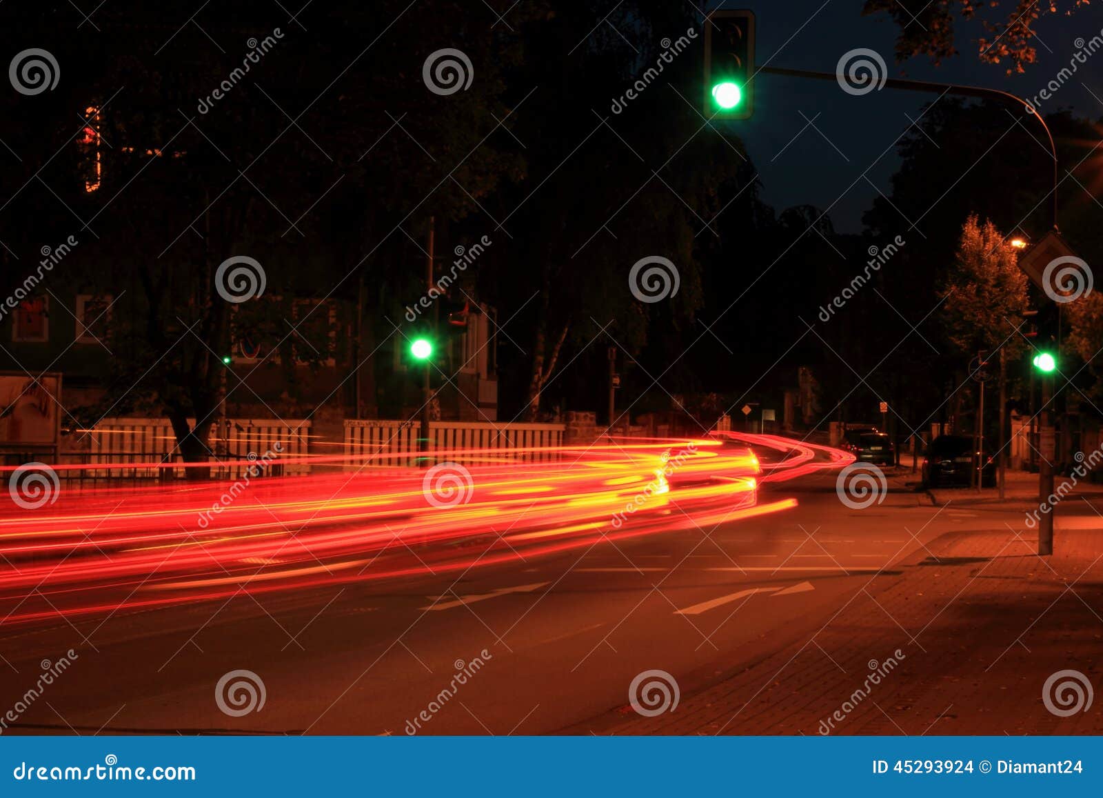  German  Night  City  Street With Green Traffic Light  Stock 