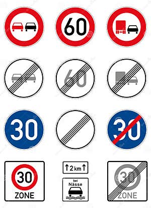 German Road Signs Speed Limit And Overtaking Vector Illustration 