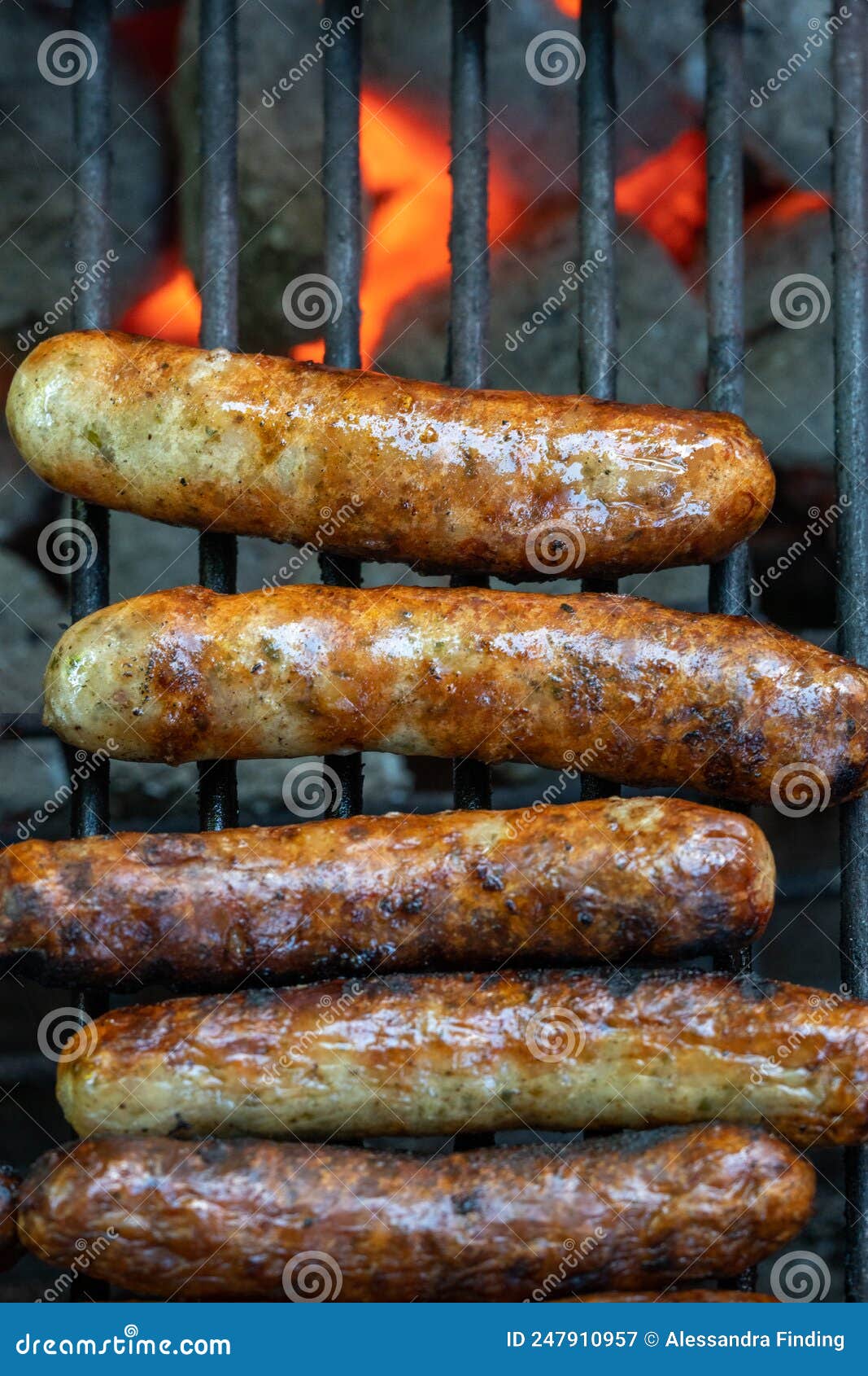 German Sausage "bratwurst" on the Grill with Flame Stock Image Image