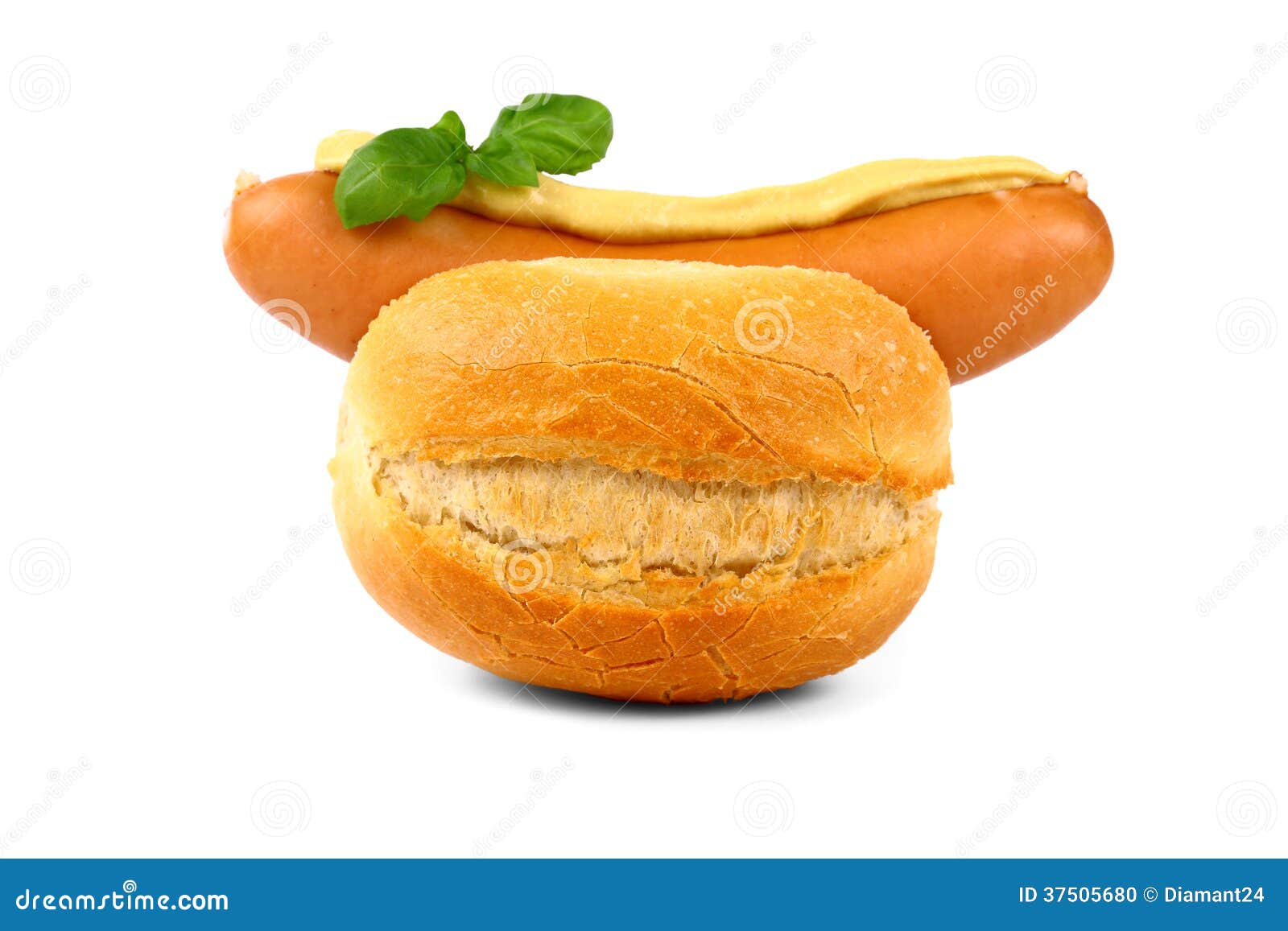 German Sausage with Bun, Mustard and Basil Stock Photo Image of