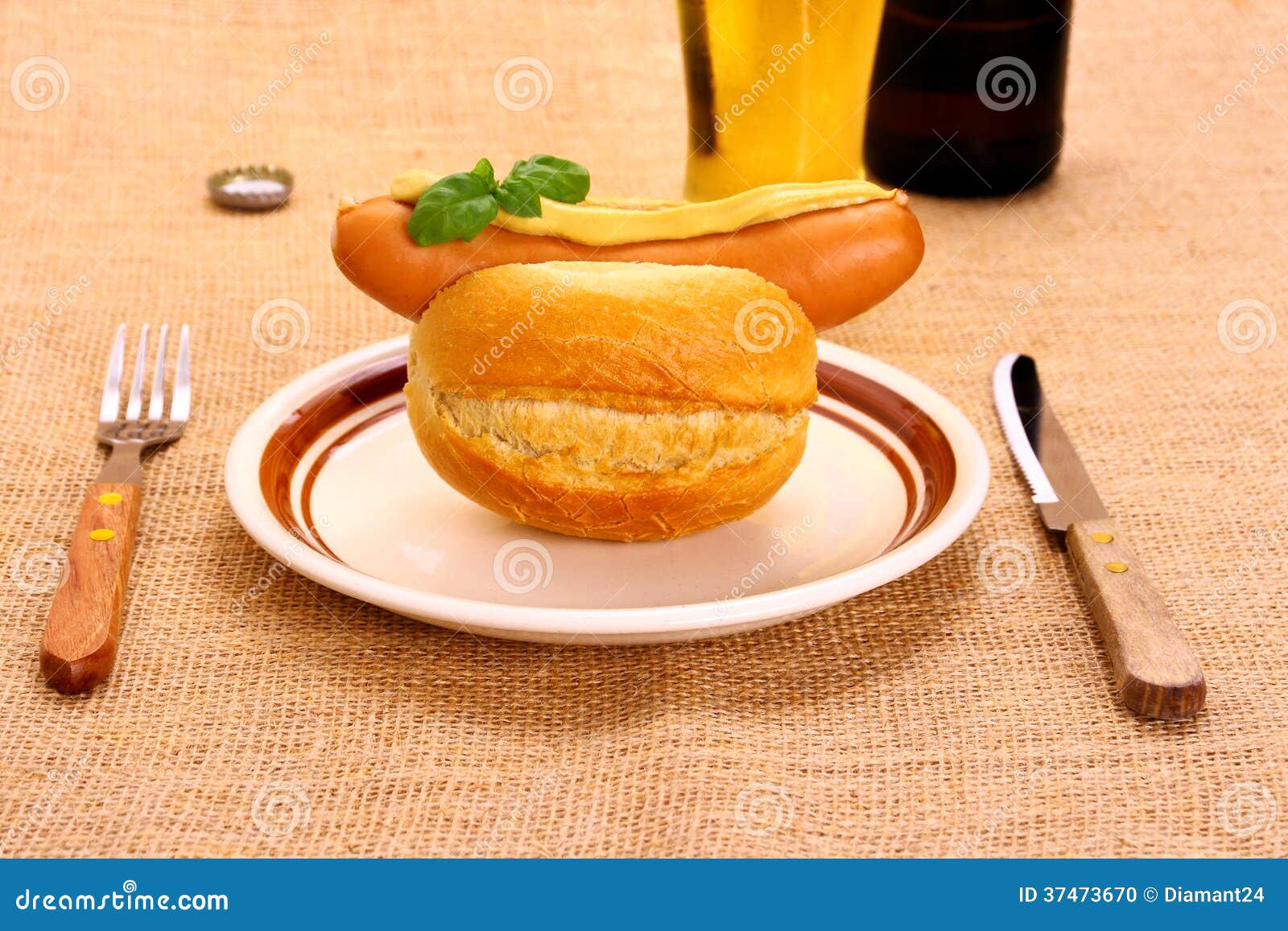 German Sausage with Bun, Mustard and Beer, Horizontal Stock Photo