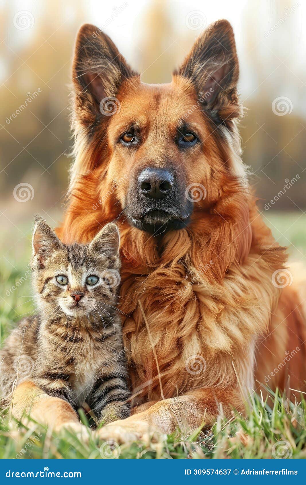 German Shepherd Dog with a Tabby Kitten in Grass. Stock Image Image
