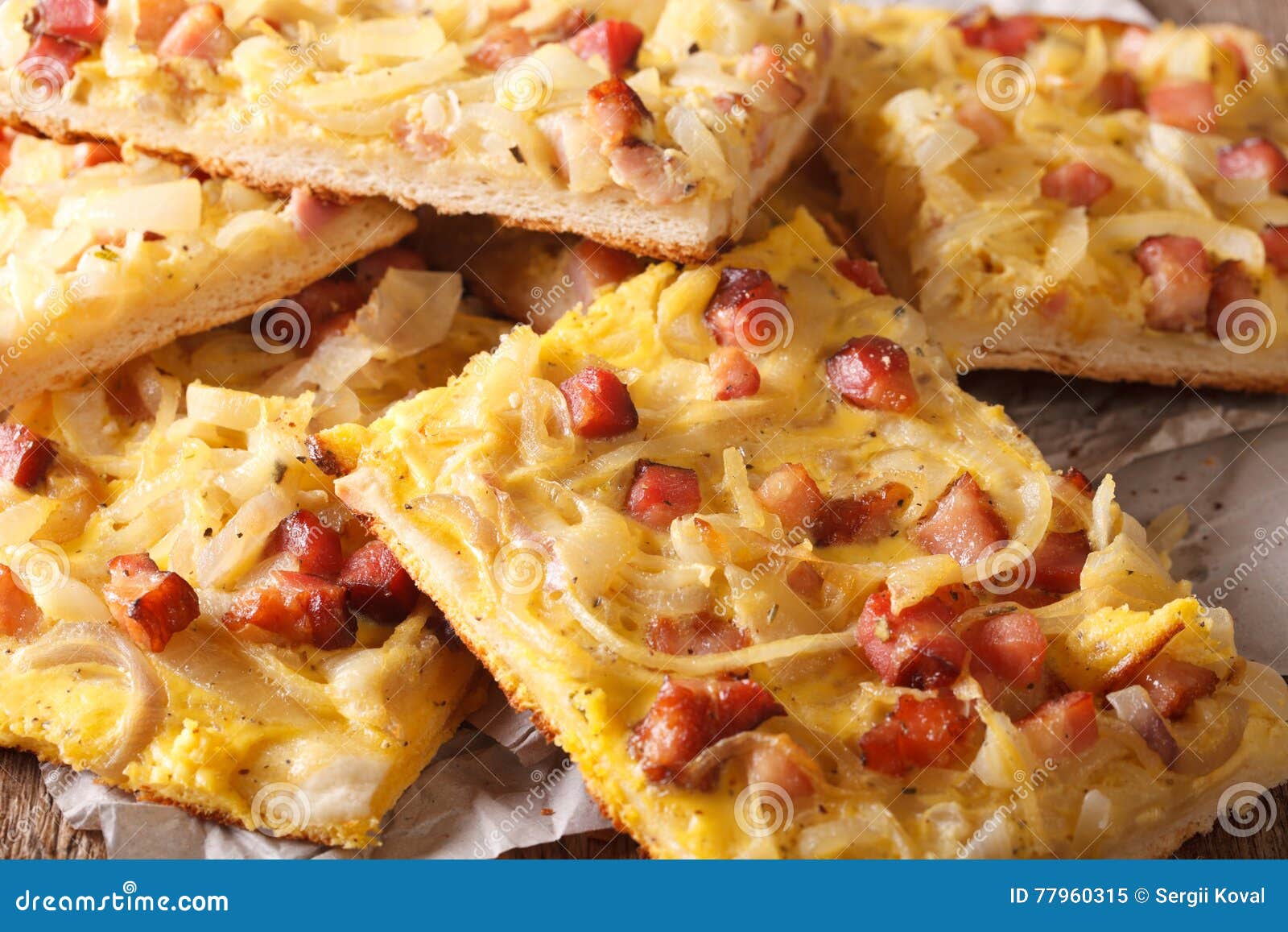 German Sliced Onion Pie with Bacon Macro. Horizontal Stock Image