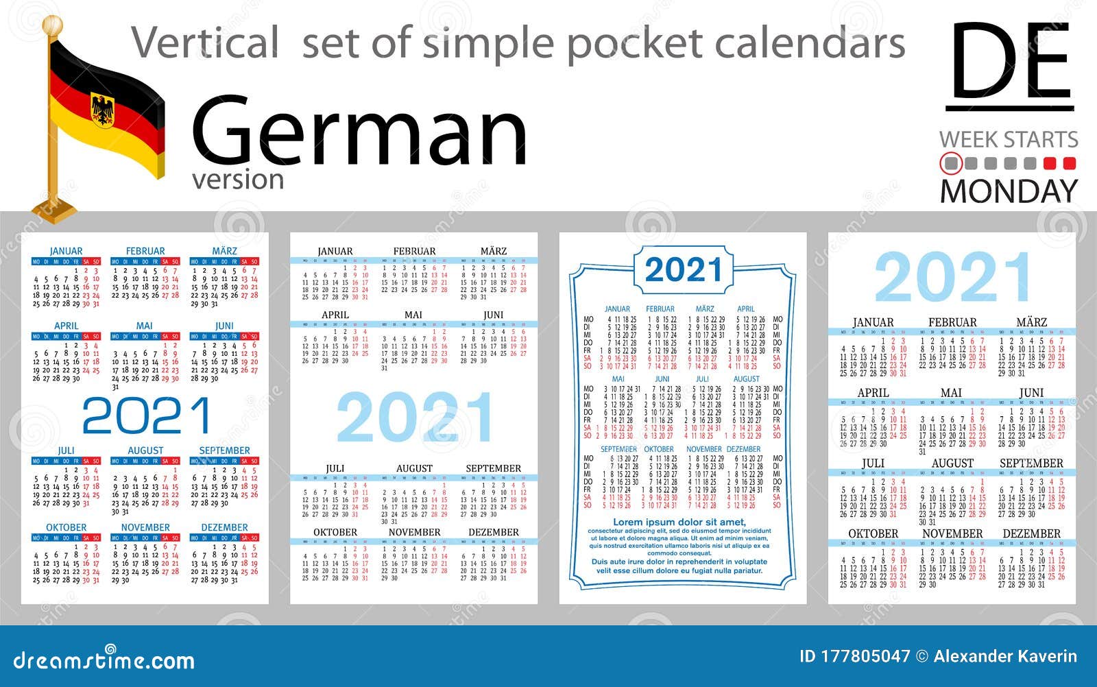 German Vertical Pocket Calendar For 2021 Stock Vector Illustration Of