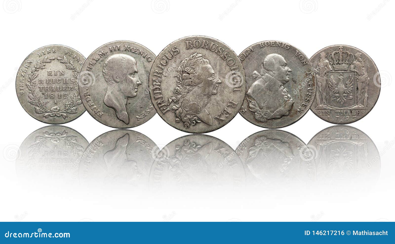 Germany German Silver Coins Thaler Prussia Isolated On White Background