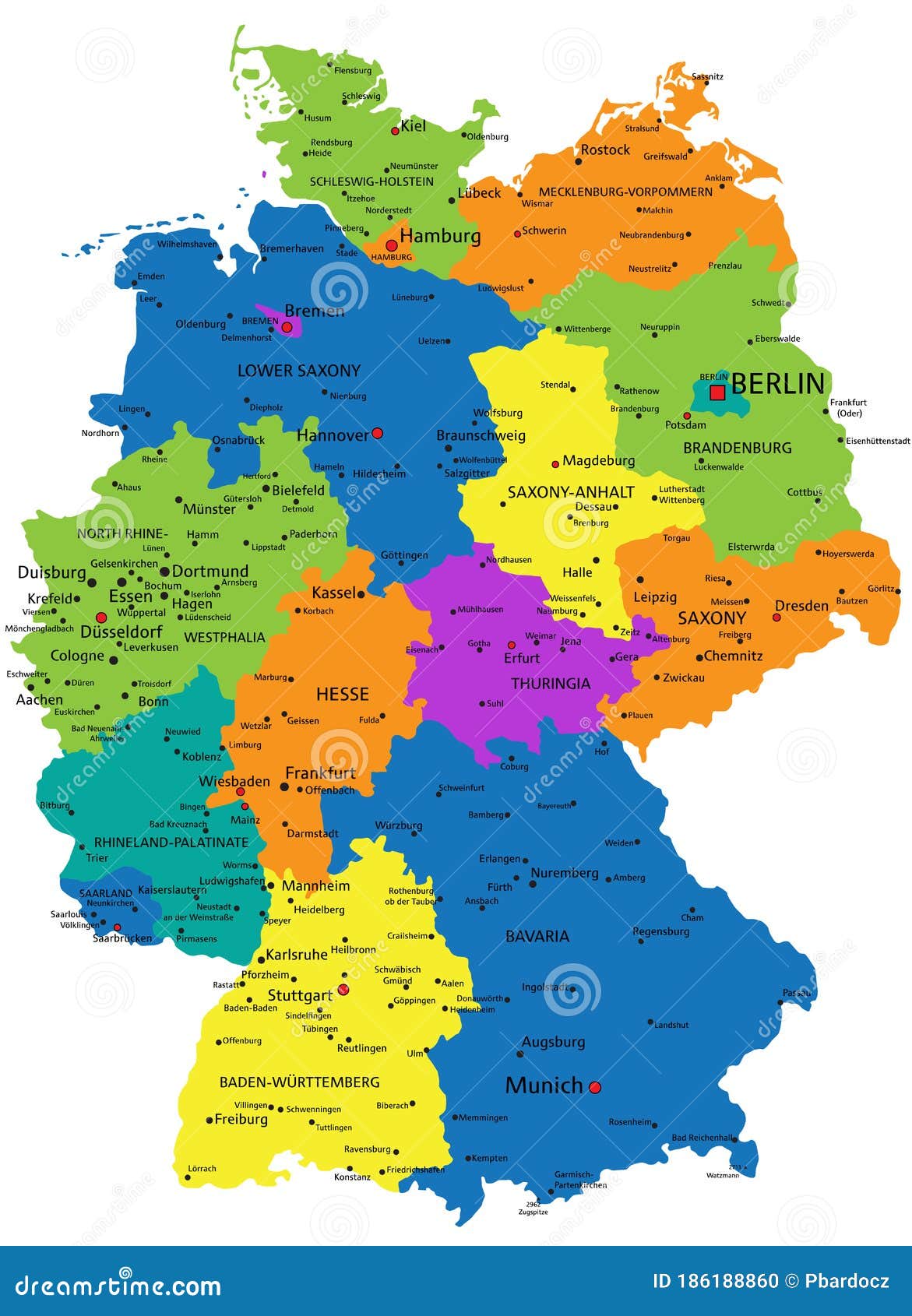 Colorful Germany Political Map with Clearly Labeled, Separated Layers
